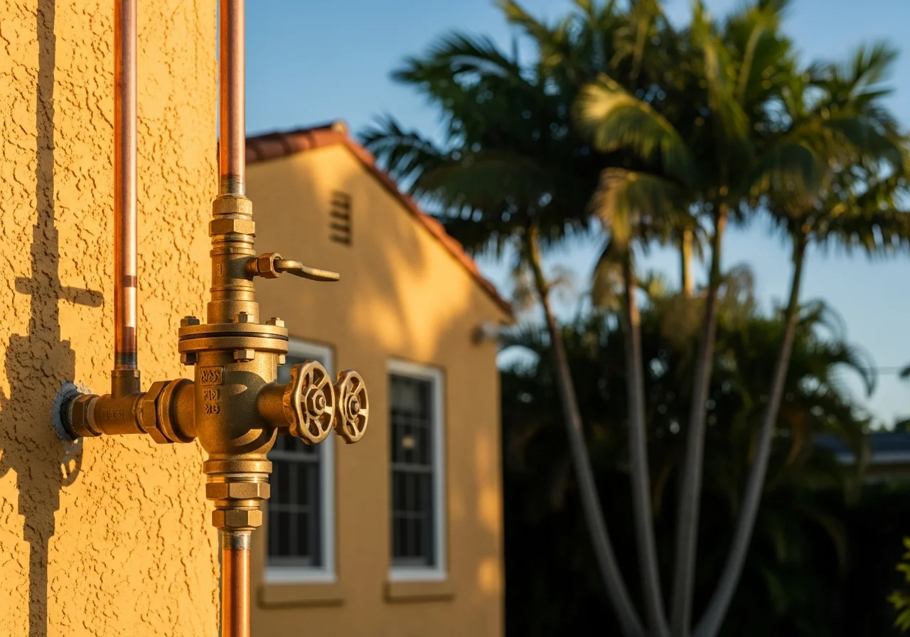 Dee Maria Plumbing backflow preventer installation detail on a residential supply line in a West Palm Beach yard with mature royal palms in the background