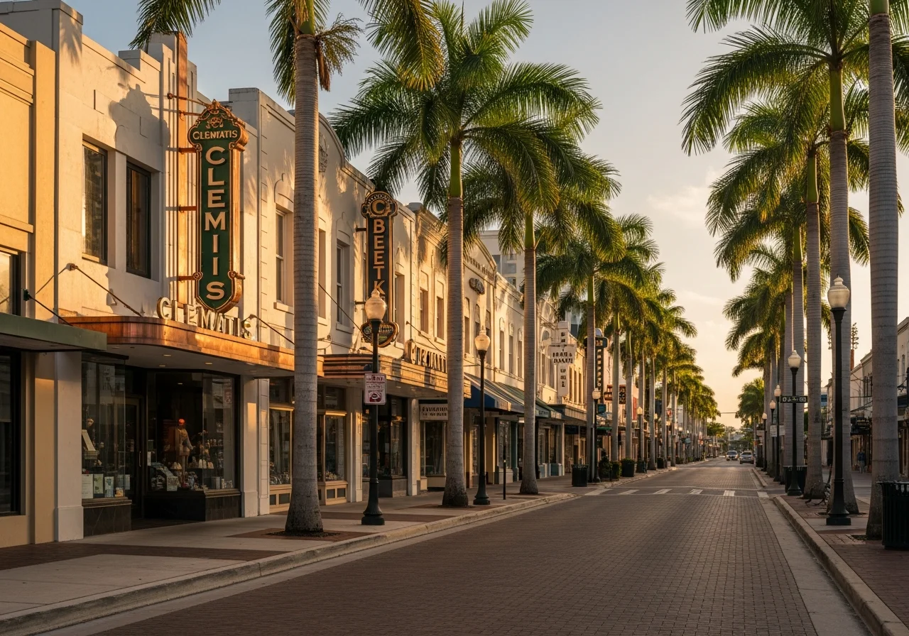 Historic Clematis Street in downtown West Palm Beach at golden hour — early-20th-century storefronts, brass signage, brick pavers, brass-and-copper Old Florida palette