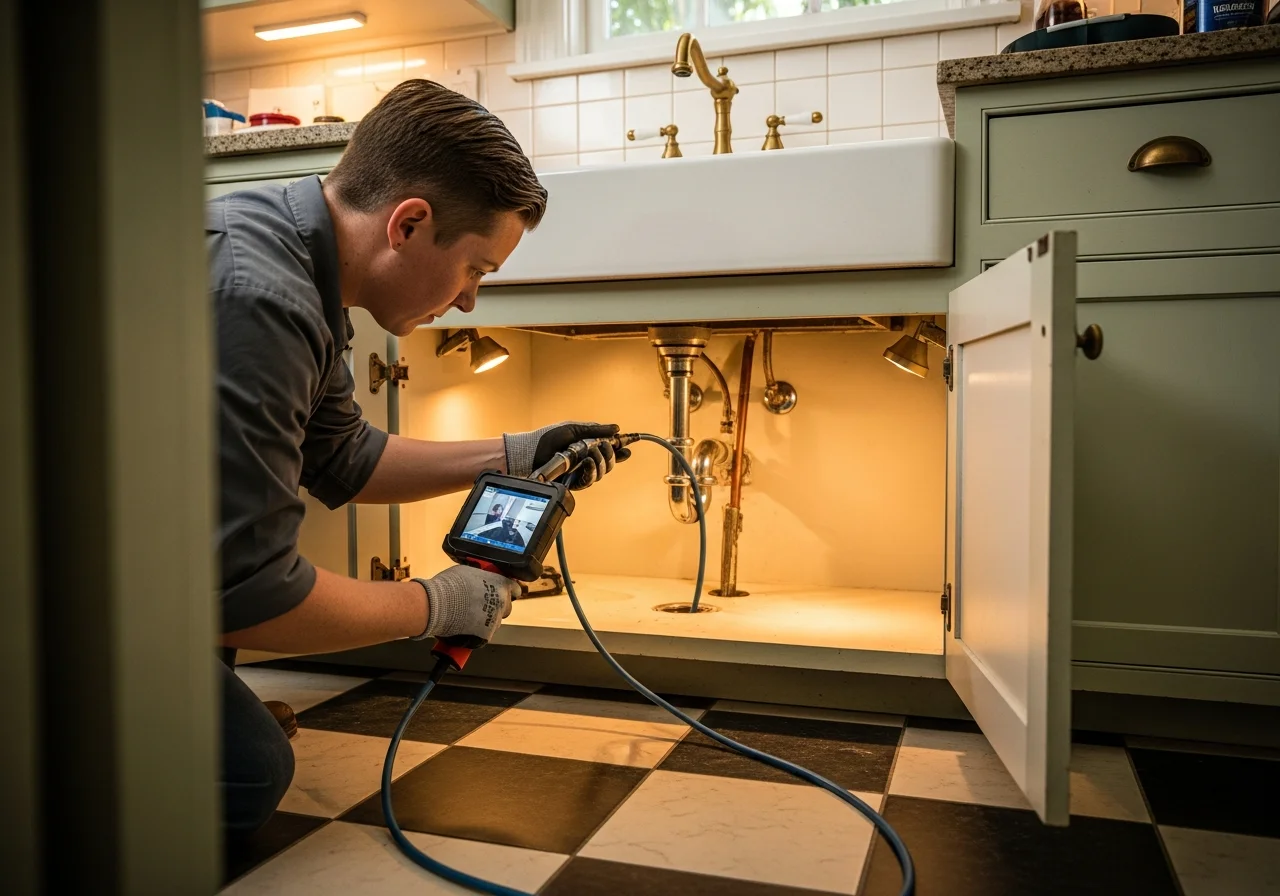 Dee Maria Plumbing crew running a video pipeline inspection through an under-sink drain line in a West Palm Beach residential kitchen with vintage tile