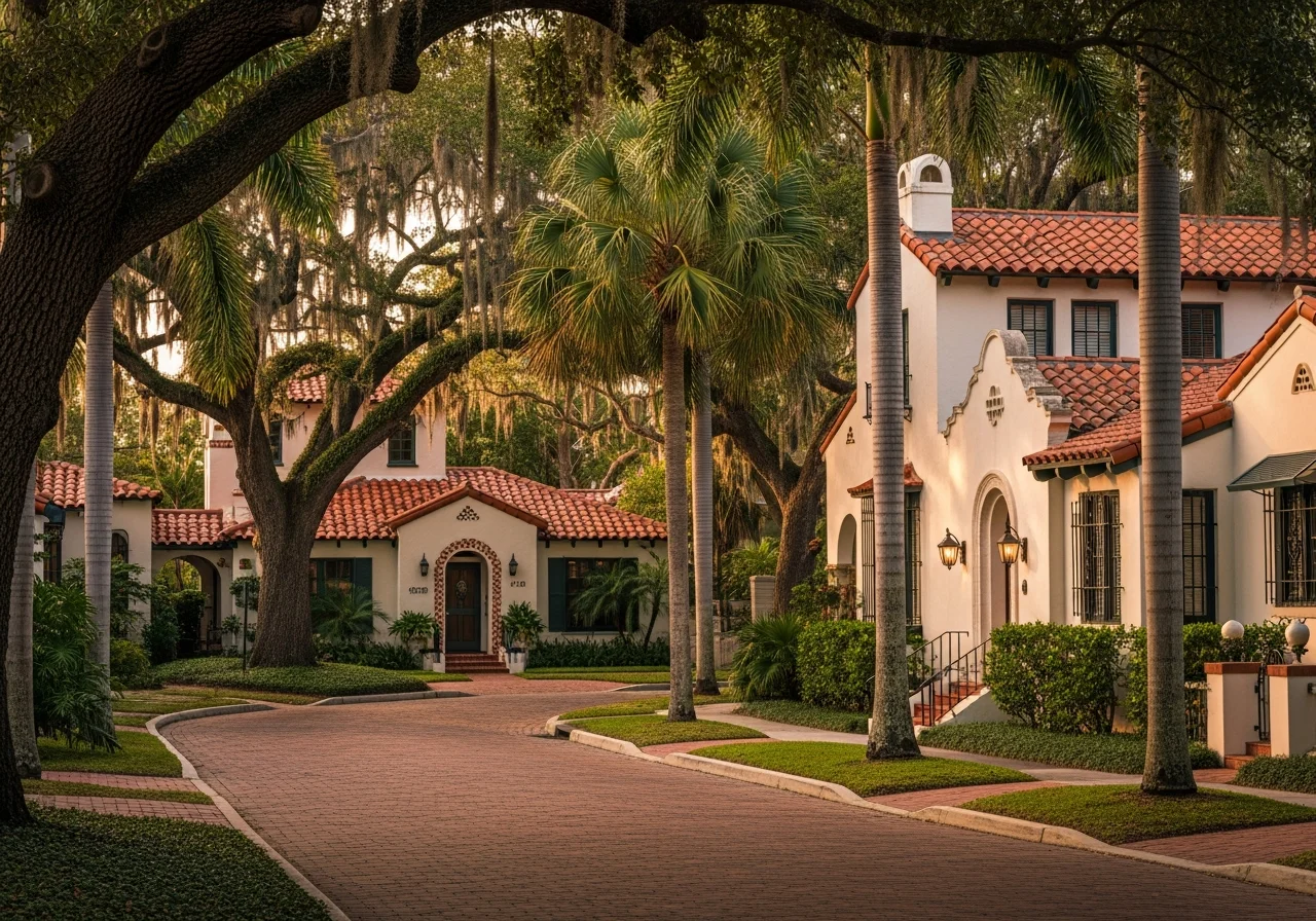 El Cid neighborhood in West Palm Beach — Mediterranean revival and Spanish bungalow homes from the 1920s with mature live oaks and royal palms, heritage Old Florida