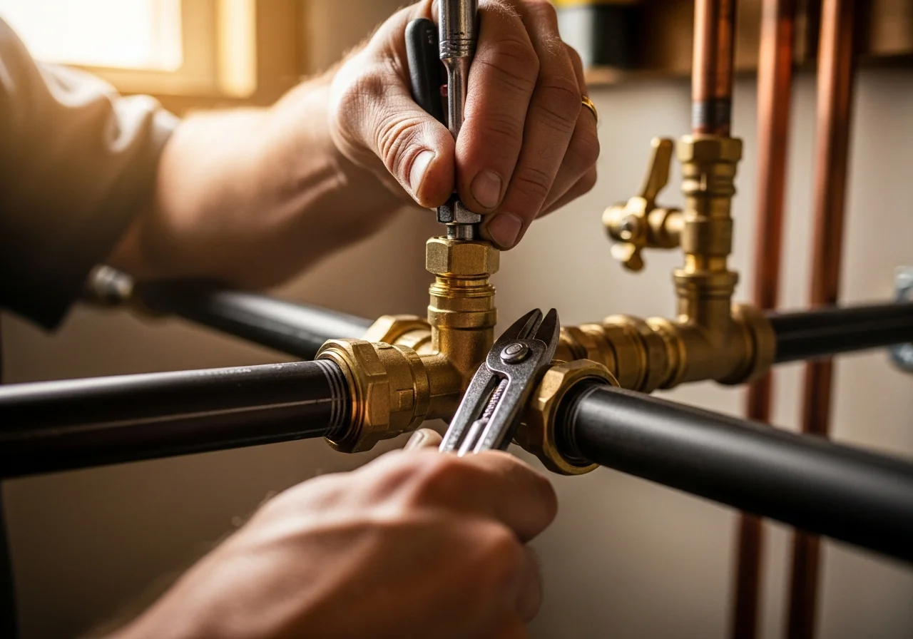 Dee Maria Plumbing technician installing black-iron gas piping for an appliance hookup in a West Palm Beach residential utility room, brass-and-copper warmth color palette