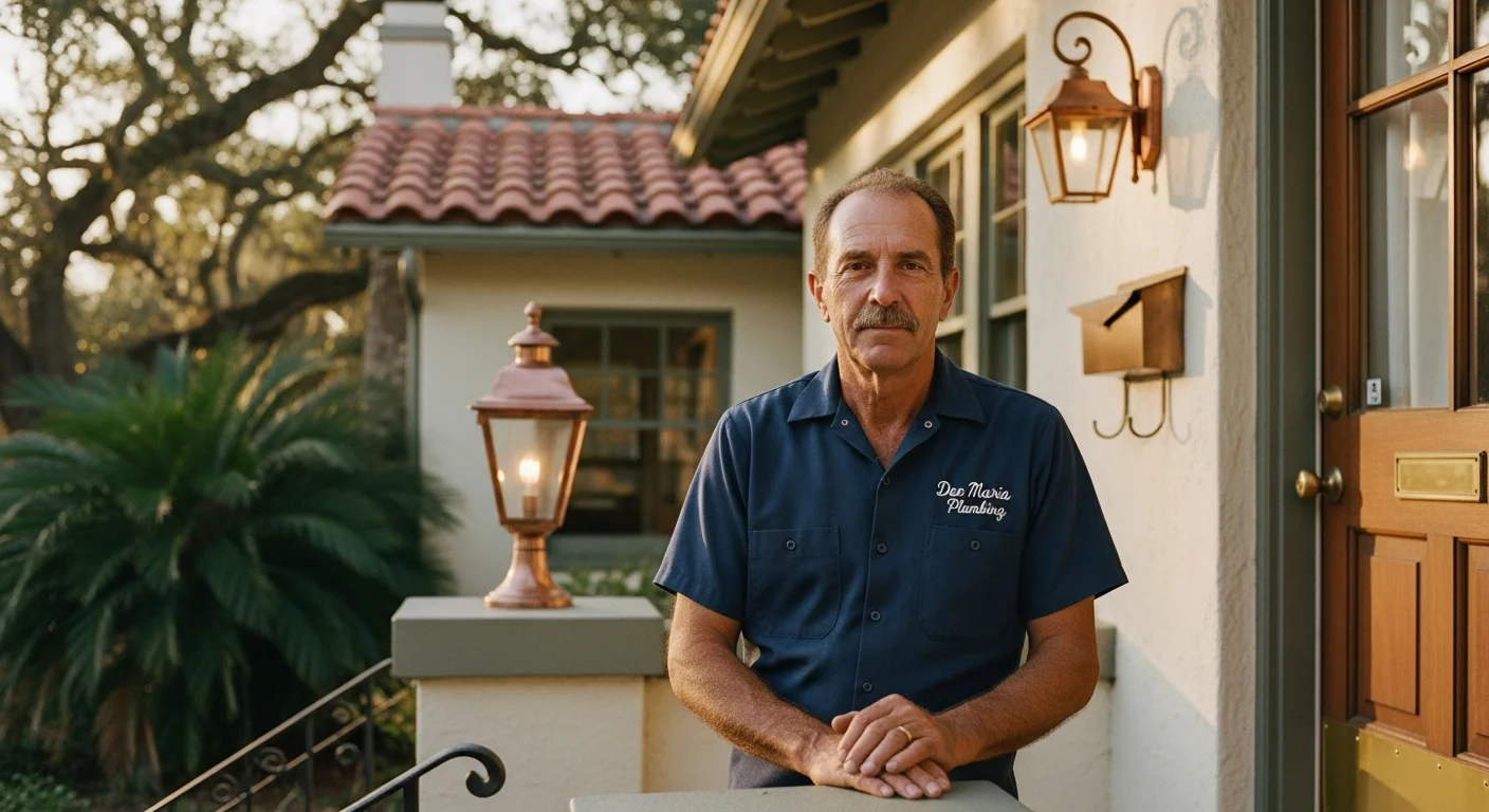 Dee Maria Plumbing technician at the front porch of a 1920s El Cid bungalow in West Palm Beach with a vintage brass fixture in hand, brass-and-copper Old Florida color palette