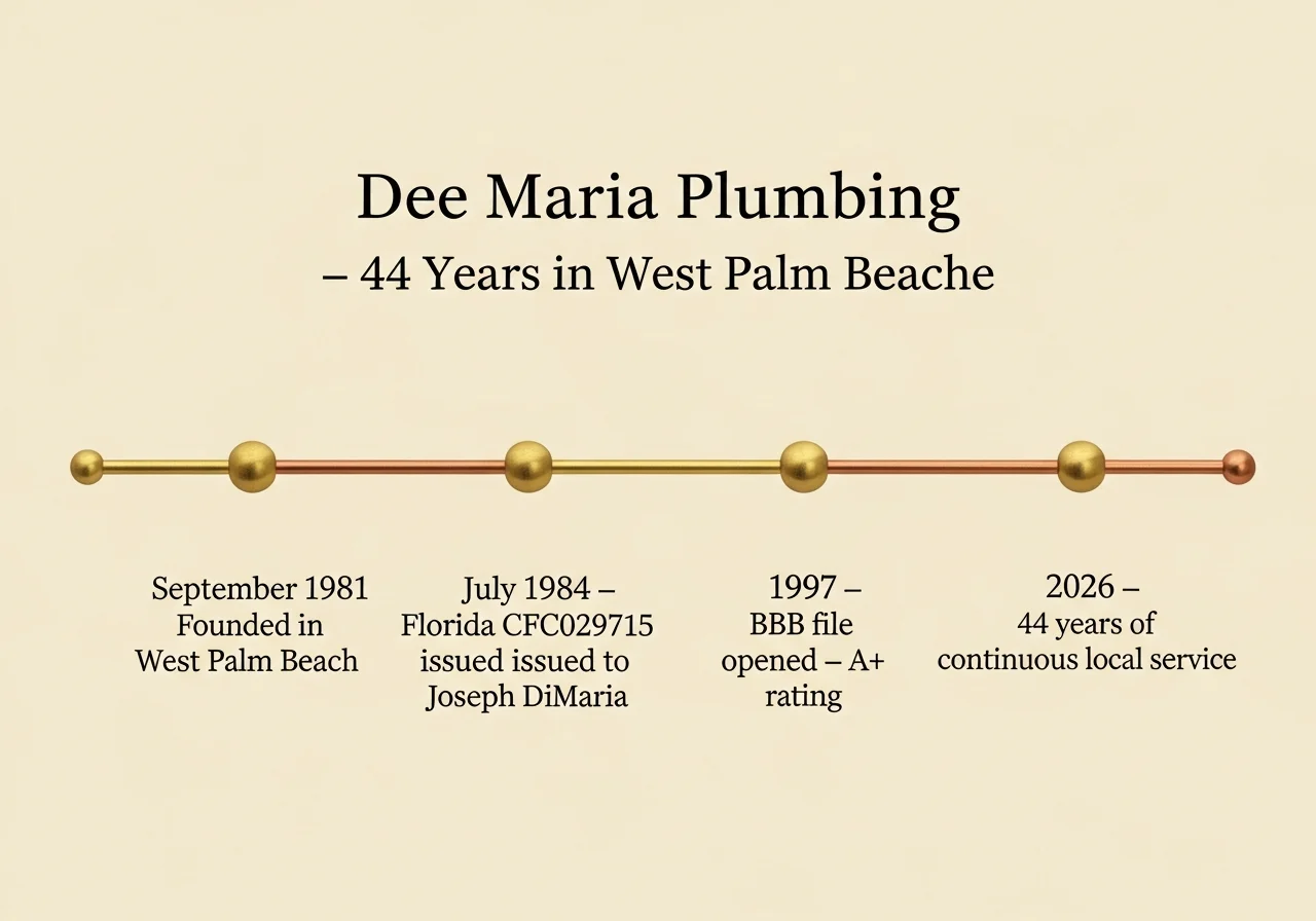 Dee Maria Plumbing timeline — Founded September 1981, license CFC029715 issued 1984 to Joseph DiMaria, BBB file since 1997, A+ rating, 44 years of continuous West Palm Beach service