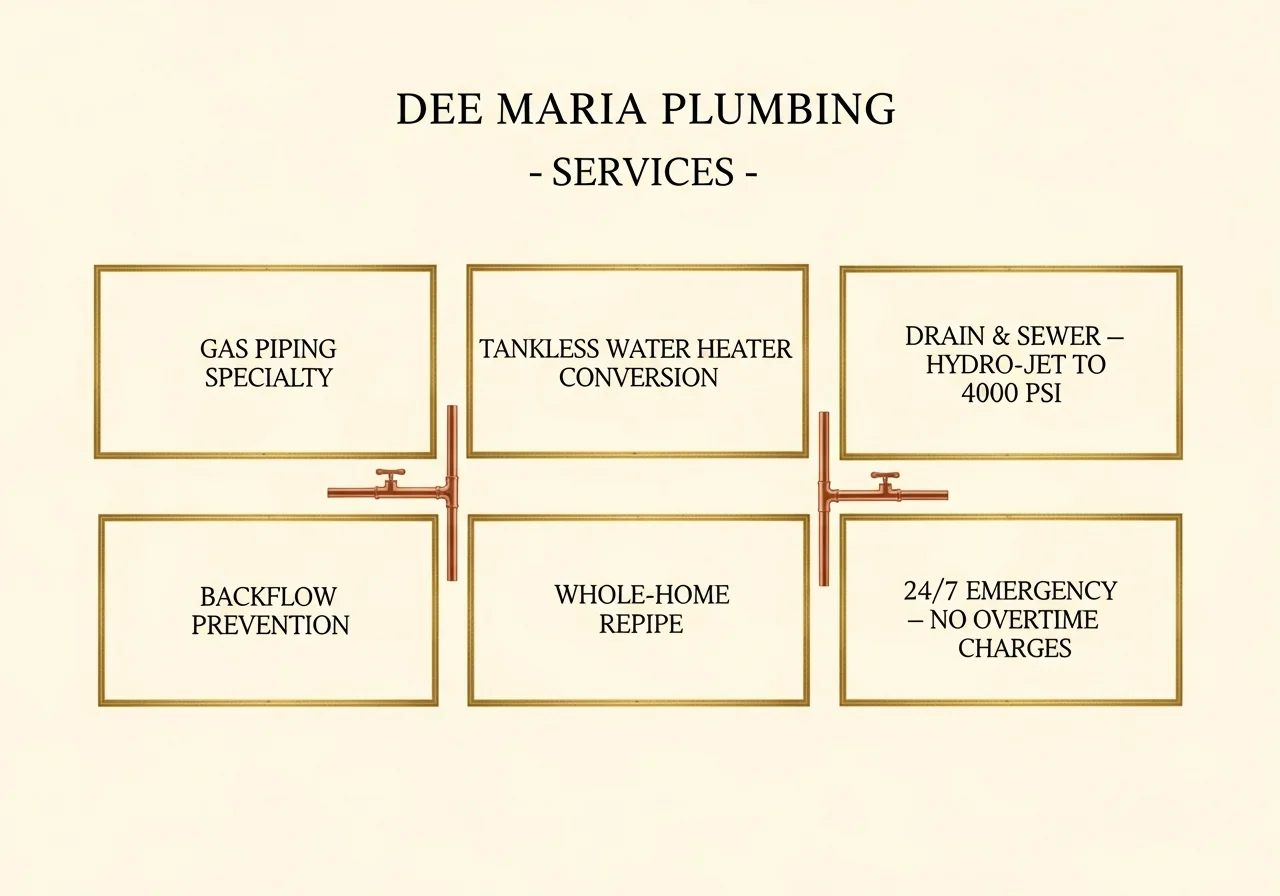 Dee Maria Plumbing services grid — gas piping specialty, water heater conversion, drain & sewer, hydro-jet to 4000 PSI, backflow, 24/7 dispatch with no overtime charges