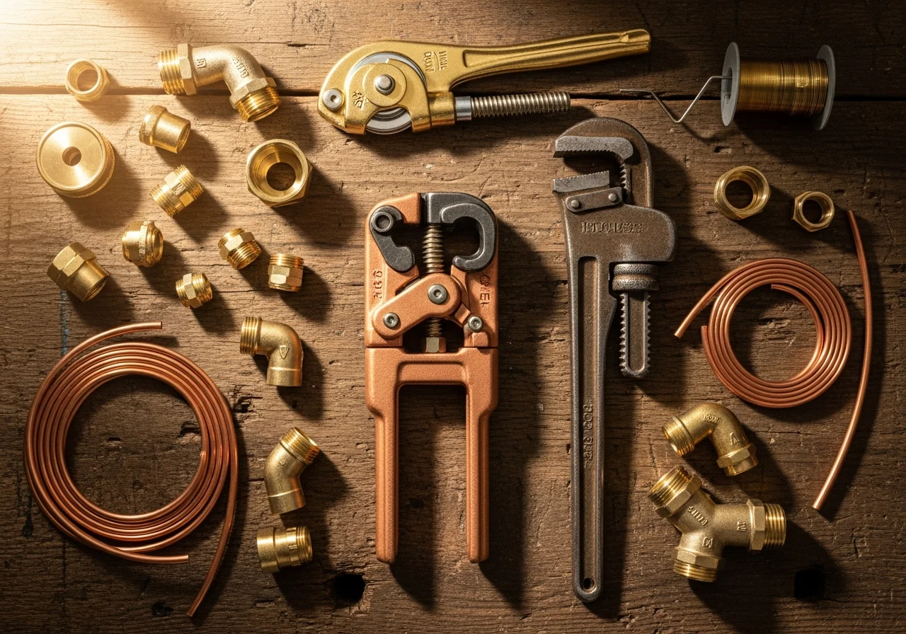Dee Maria Plumbing copper repipe tools laid out on a workbench — copper press-fitting tool, pipe cutter, brass fittings, with brass-and-copper Old Florida lighting