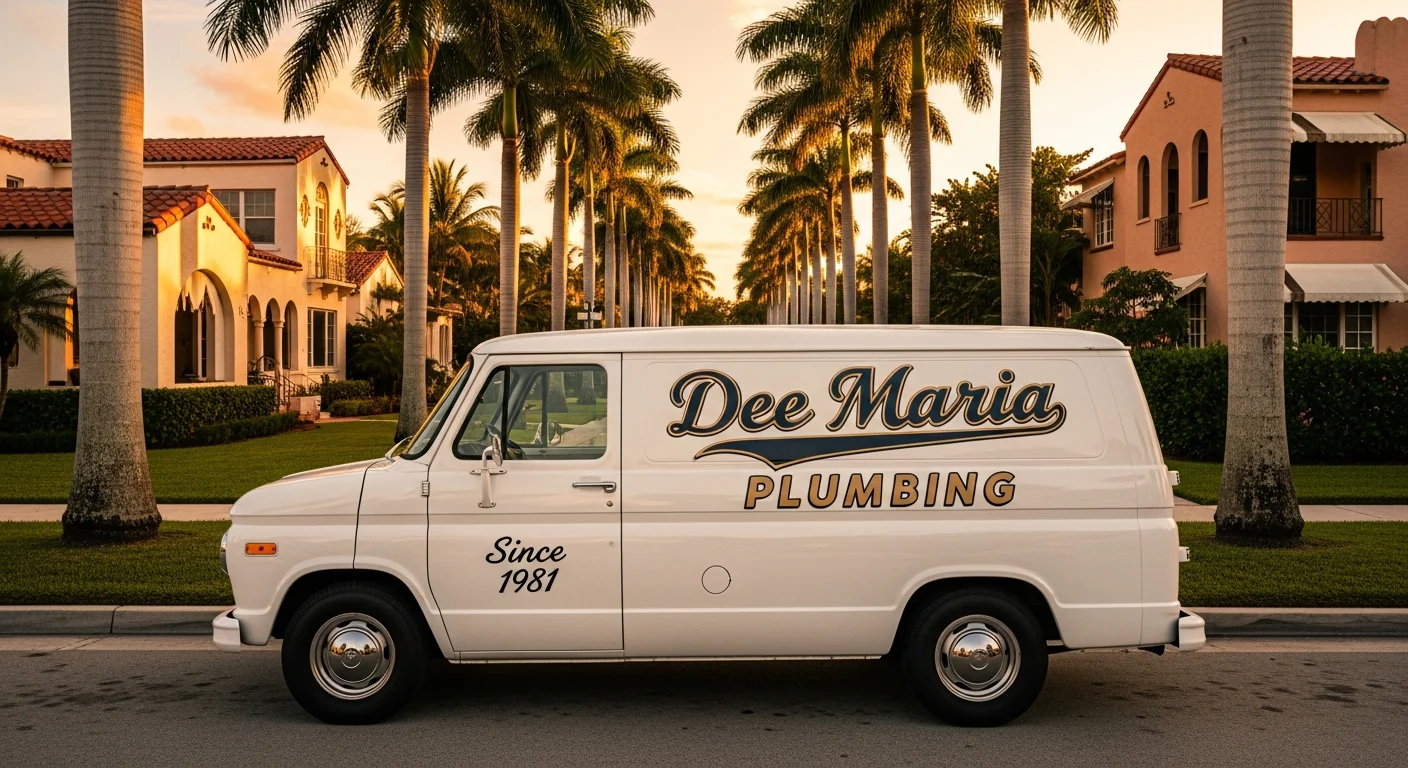 Dee Maria Plumbing service van parked on a West Palm Beach residential street under royal palms — heritage white-and-blue branding, 'Since 1981' lettering