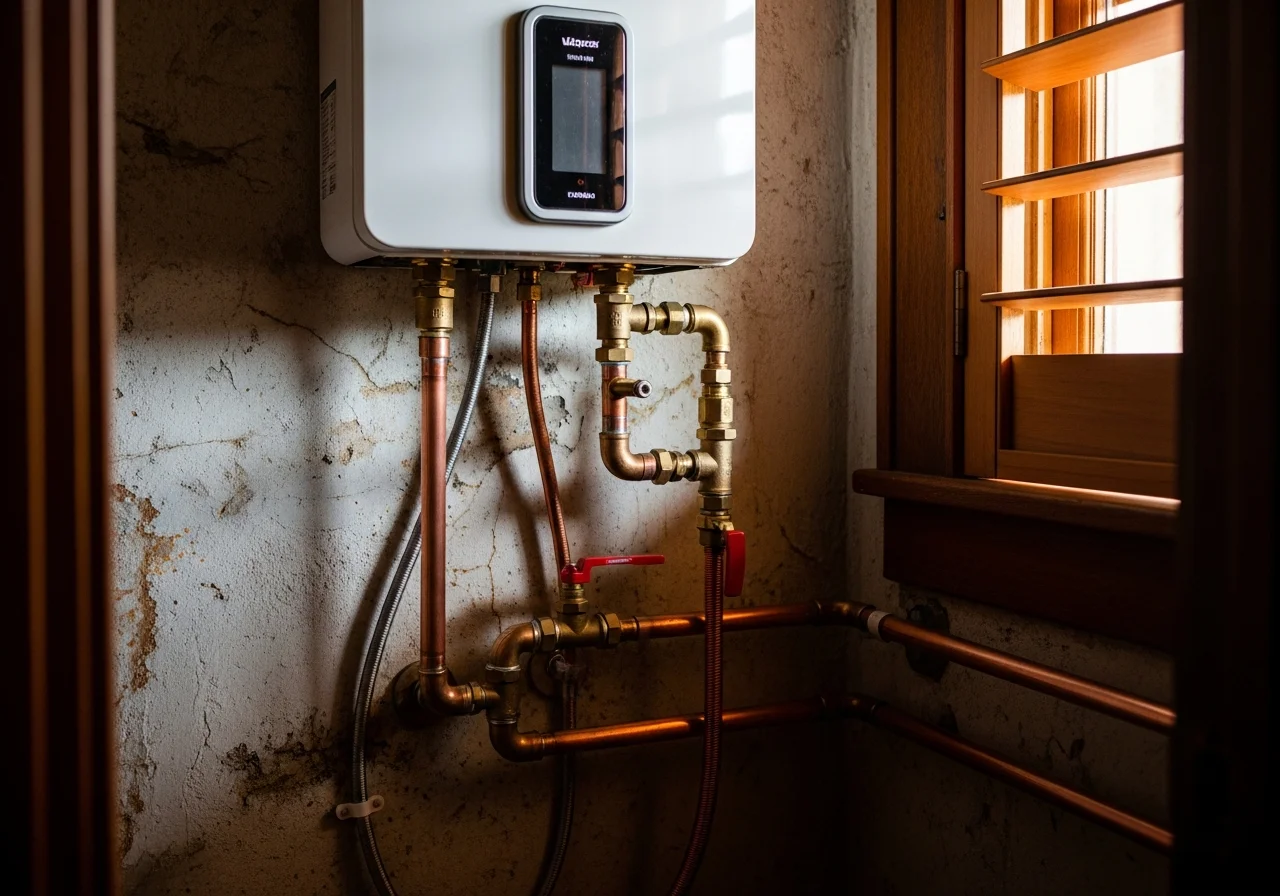 Dee Maria Plumbing tankless water heater installation in a 1920s El Cid bungalow utility closet — Old Florida heritage finishes, copper supply line detail
