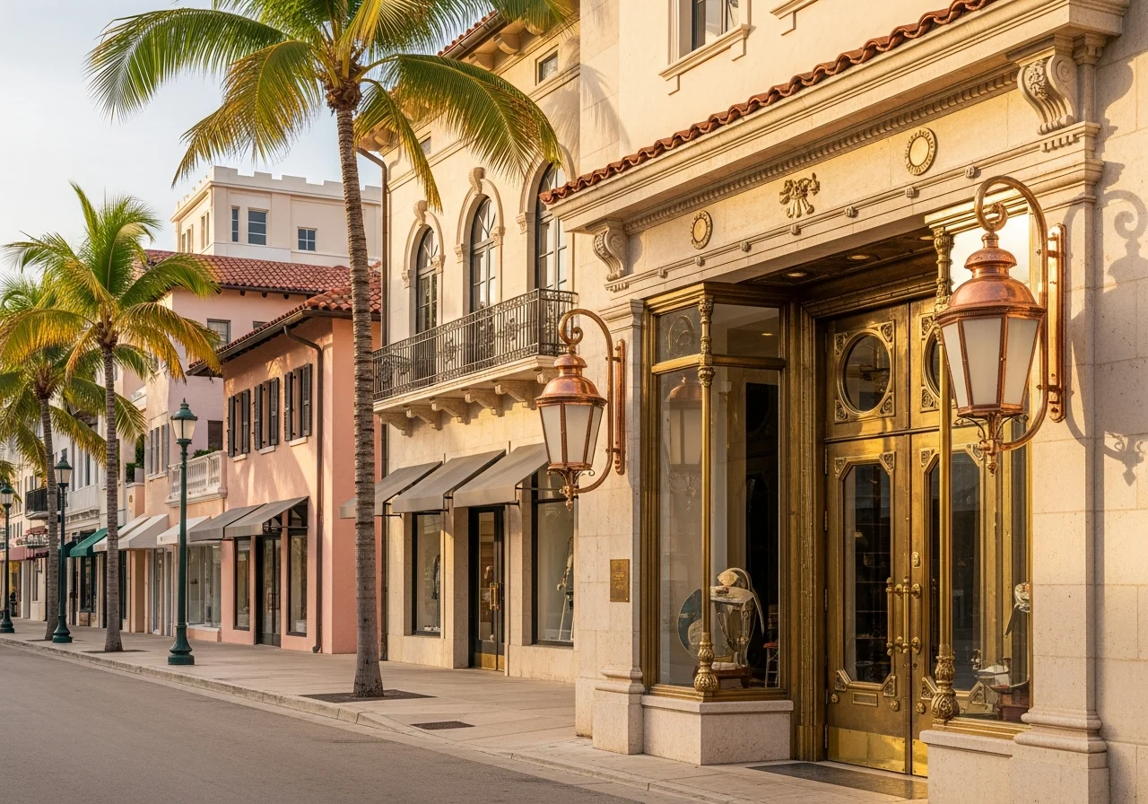 Worth Avenue in Palm Beach island — pastel storefronts, royal palms, and brass-fixture detailing on a heritage shopfront, warm late-afternoon Old Florida light