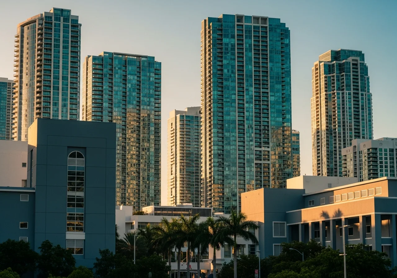 Brickell skyline at golden hour — modern Miami high-rise towers, federal-government-grade gravitas, deep teal and champagne reflections off glass facades