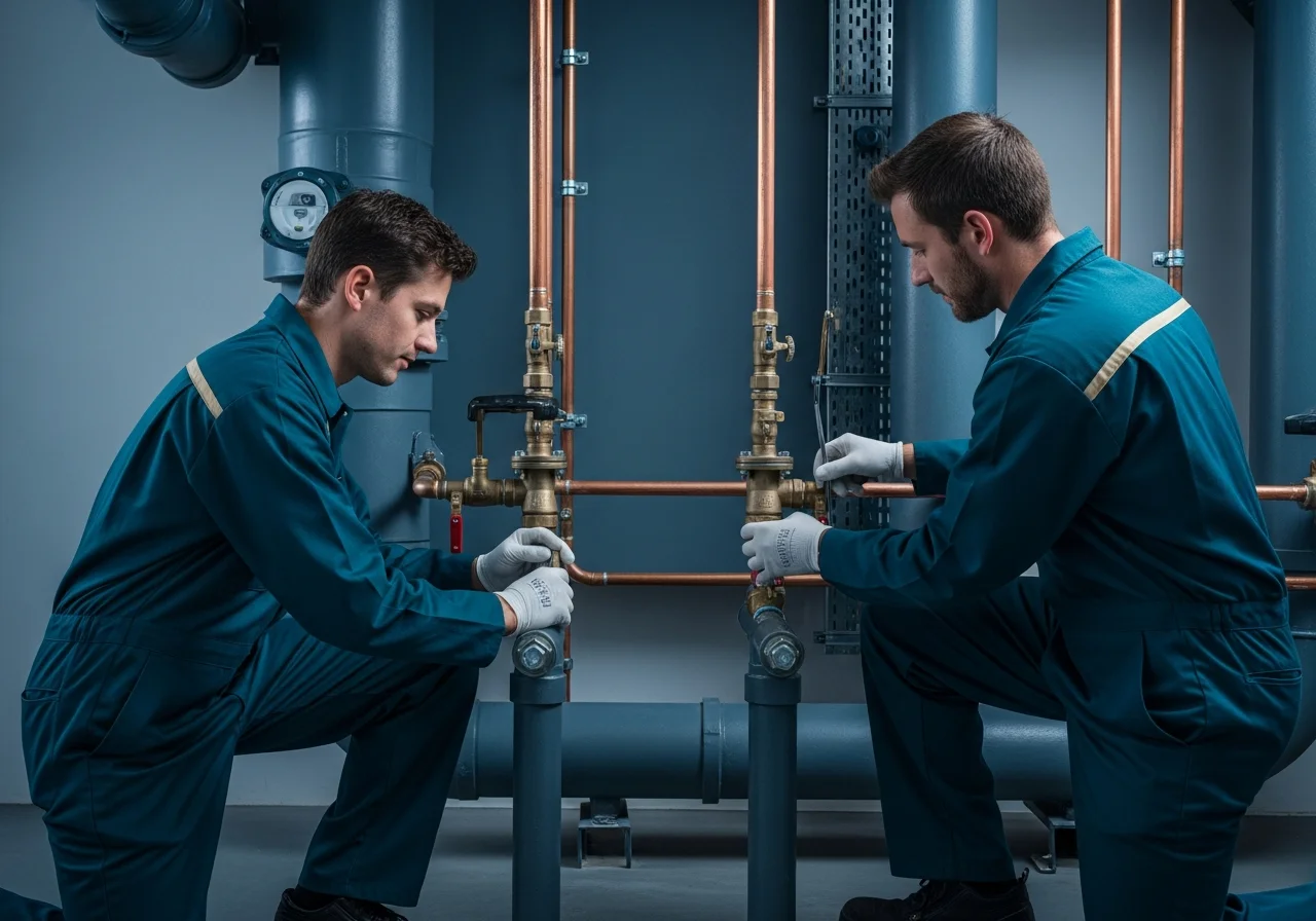 F1 Plumbing crew on a commercial plumbing job at a Brickell mid-rise mechanical room — slate-grey utility space with teal-and-champagne F1 uniforms and federal-grade work discipline