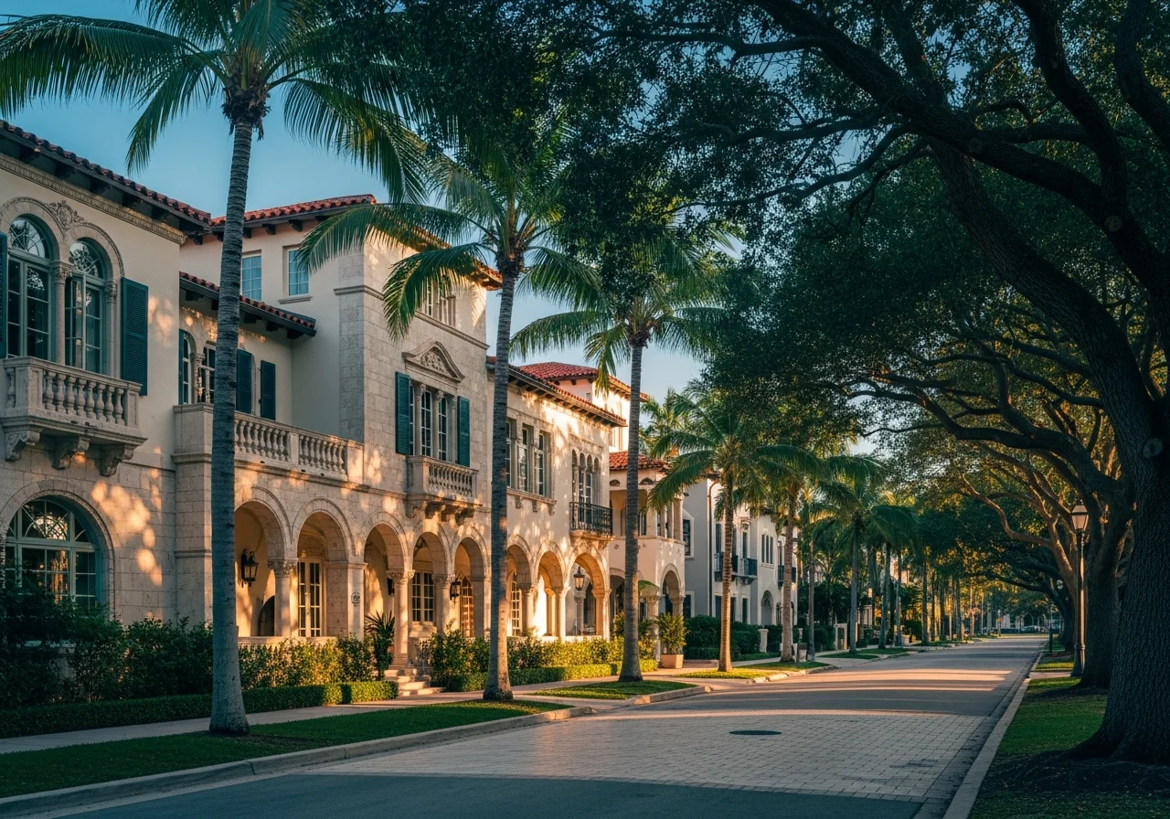 Coral Gables Mediterranean-revival luxury streetscape — historic stone and stucco homes, mature royal palms, teal-and-gold late-afternoon Miami modern light
