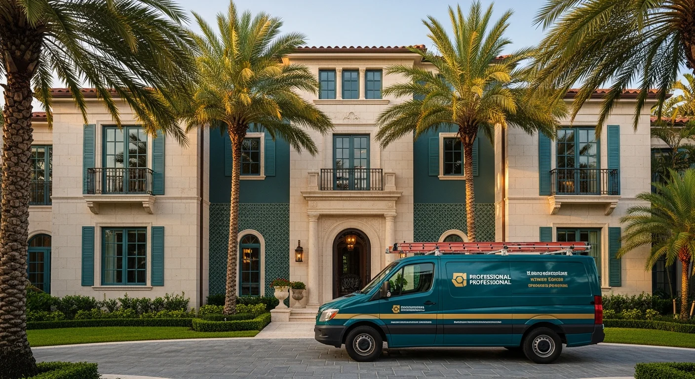 F1 Plumbing technician at the entrance of a modern Coral Gables Mediterranean-revival residence with deep teal and champagne gold branding accents