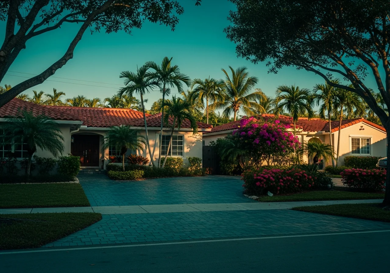 Hialeah residential neighborhood — single-family Hispanic-Miami homes, palm-lined streets, warm afternoon light with deep teal and slate accent palette