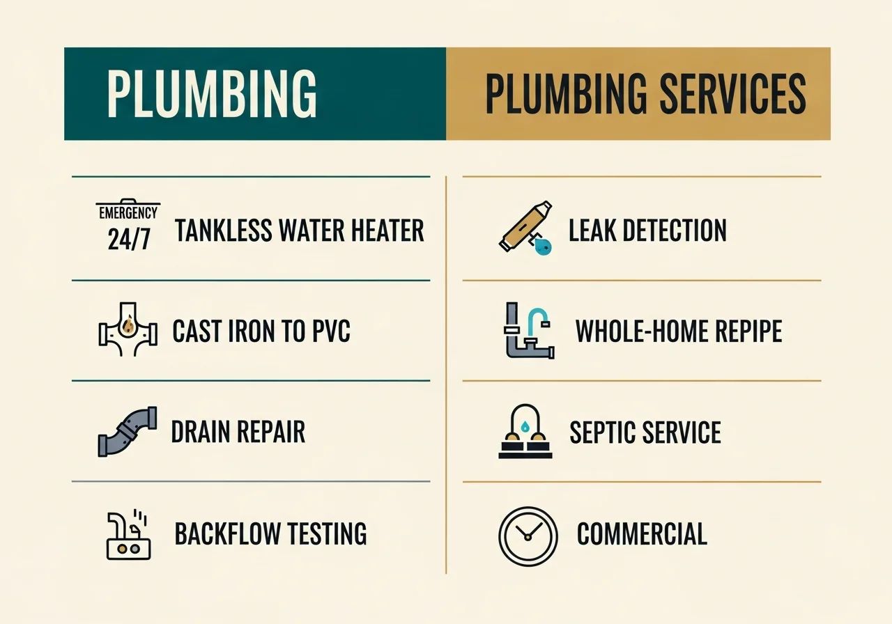 F1 Plumbing services grid — 24/7 emergency, tankless water heater, leak detection, cast iron to PVC conversion, video camera inspection, drain repair, whole-home repipe, septic, backflow, commercial — Miami-Dade and Broward
