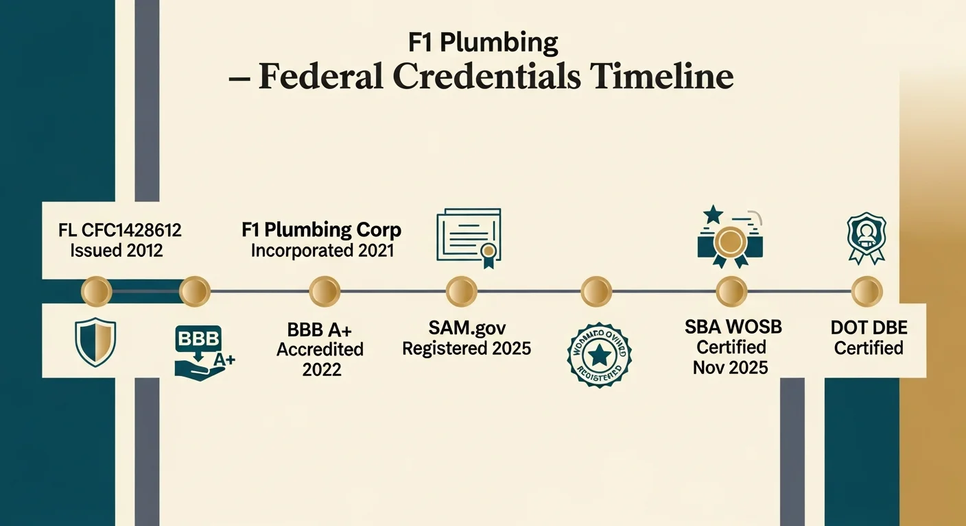F1 Plumbing federal certifications timeline — Florida CFC1428612 issued 2012, F1 Plumbing Corp incorporated 2021, BBB A+ Accredited November 2022, SAM.gov registered July 2025, SBA WOSB certified November 2025, DOT DBE certified — Latina-owned, Hispanic / Minority Owned