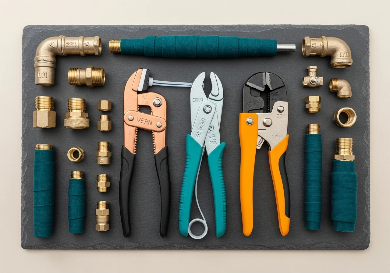F1 Plumbing repipe tools laid out on a workbench — copper press-fitting tool, PEX cinch tool, pipe cutter, brass fittings, against a slate-and-cream backdrop with deep teal tool wraps