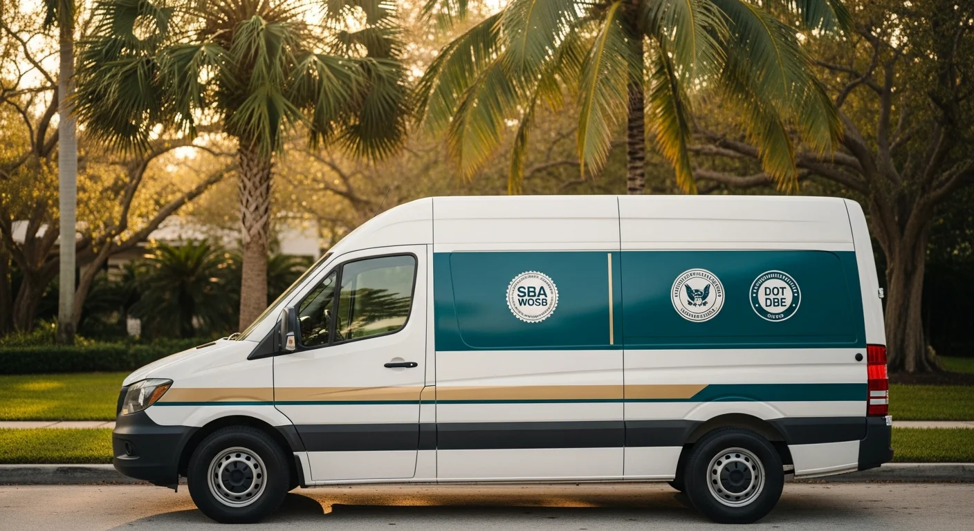 F1 Plumbing service van parked on a tree-lined Coral Gables residential street — white van with deep teal and champagne gold branding, WOSB seal visible on the side panel