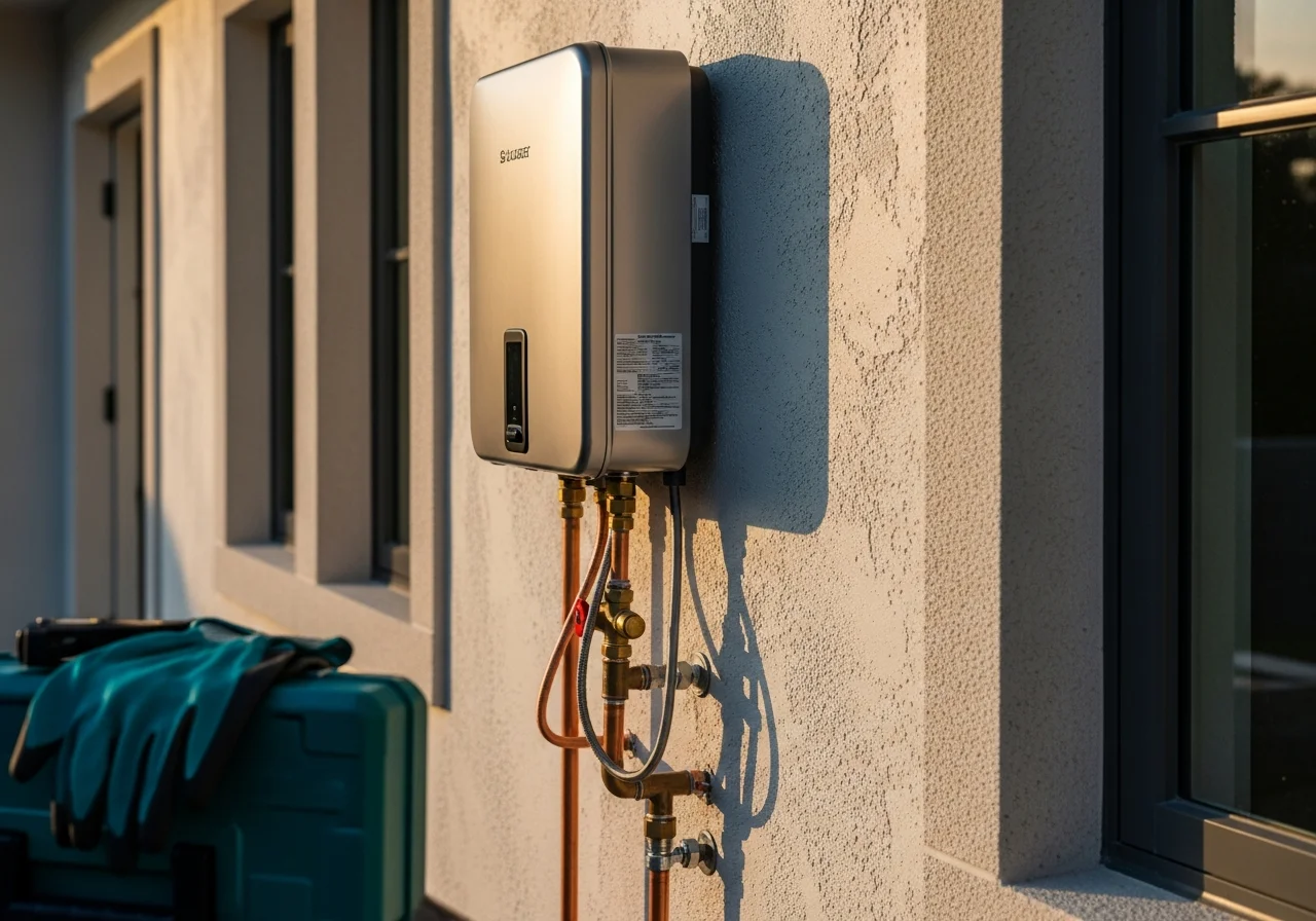F1 Plumbing tankless water heater installation on the exterior wall of a modern Coral Gables Mediterranean-revival home — deep teal and champagne gold branding accents