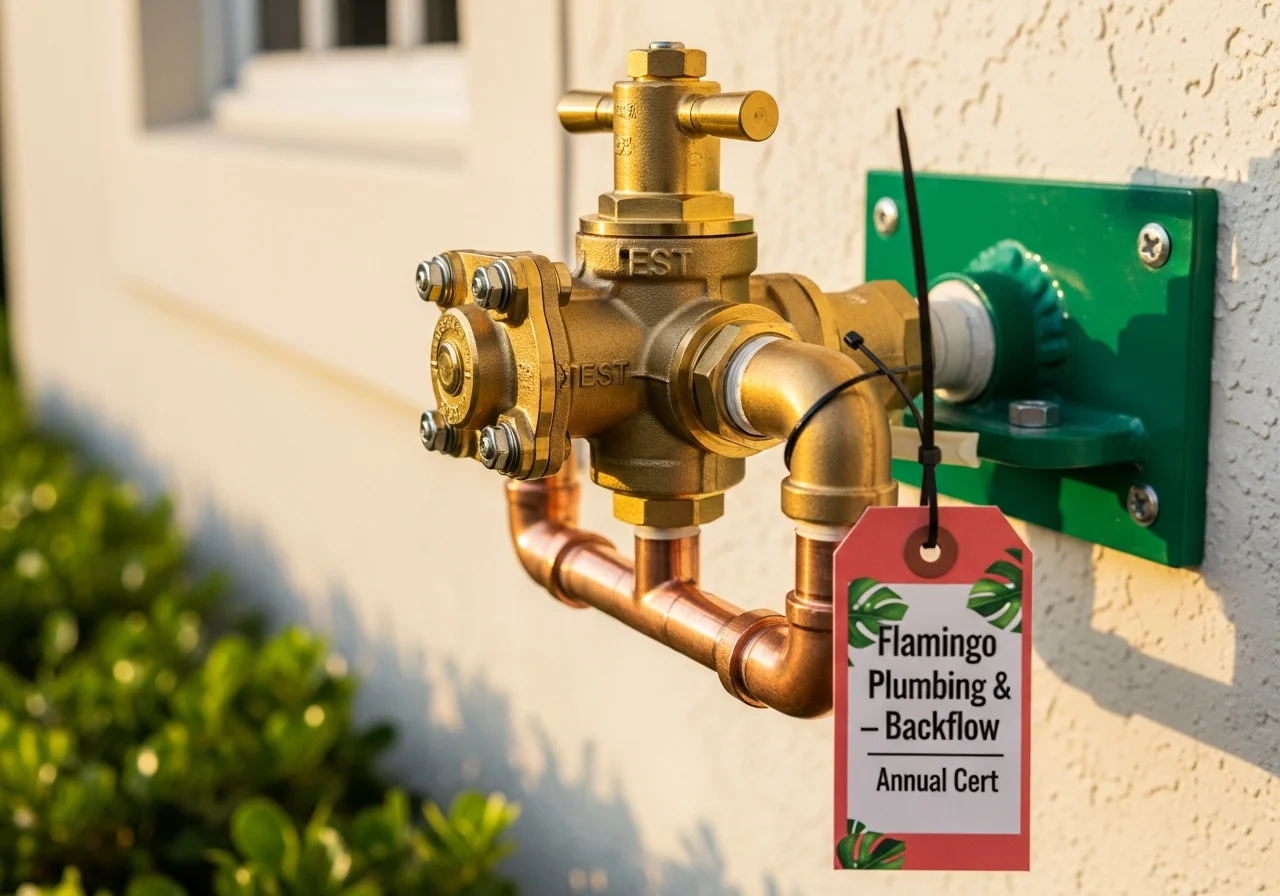 Residential reduced-pressure backflow prevention assembly with brass valve body, copper inlet and outlet pipes, mounted on the cream stucco exterior of a Palm Beach Florida home — coral-pink Flamingo Annual Backflow Care tag
