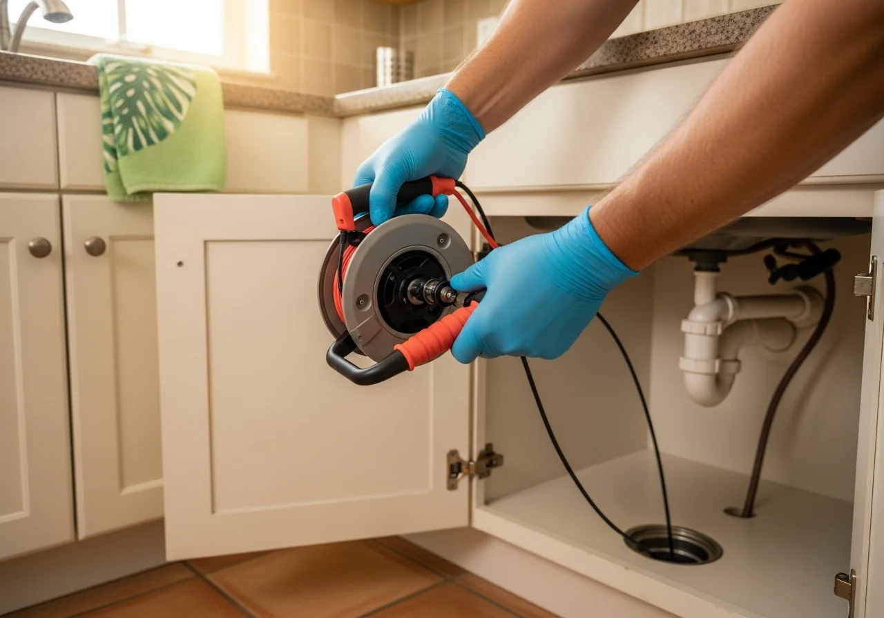 A plumber's gloved hands feeding a video pipe-camera with a coral-pink rubberized handle into an exposed kitchen-sink drain cleanout in a West Palm Beach Florida home — cream cabinetry, terracotta-tile floor