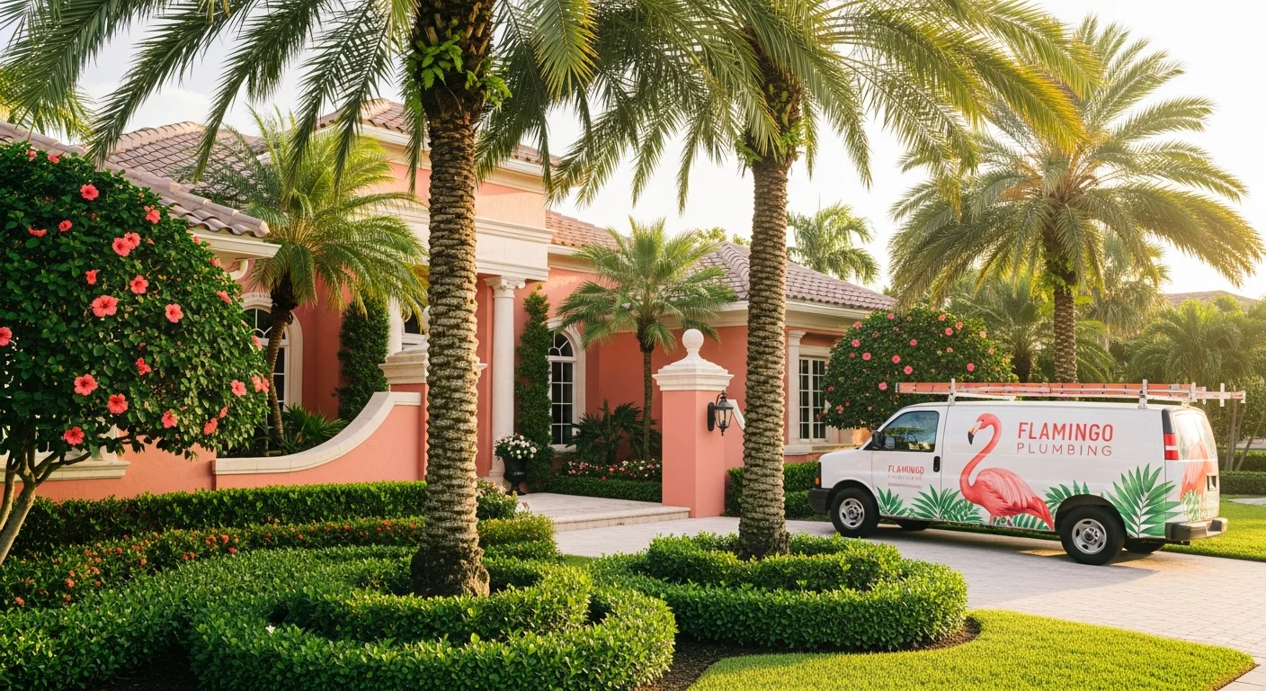 Coral-pink-and-cream West Palm Beach coastal residential frontage with mature royal palms and a Flamingo Plumbing service van — tropical-Florida palette with a flamingo-bird logo motif on the side panel