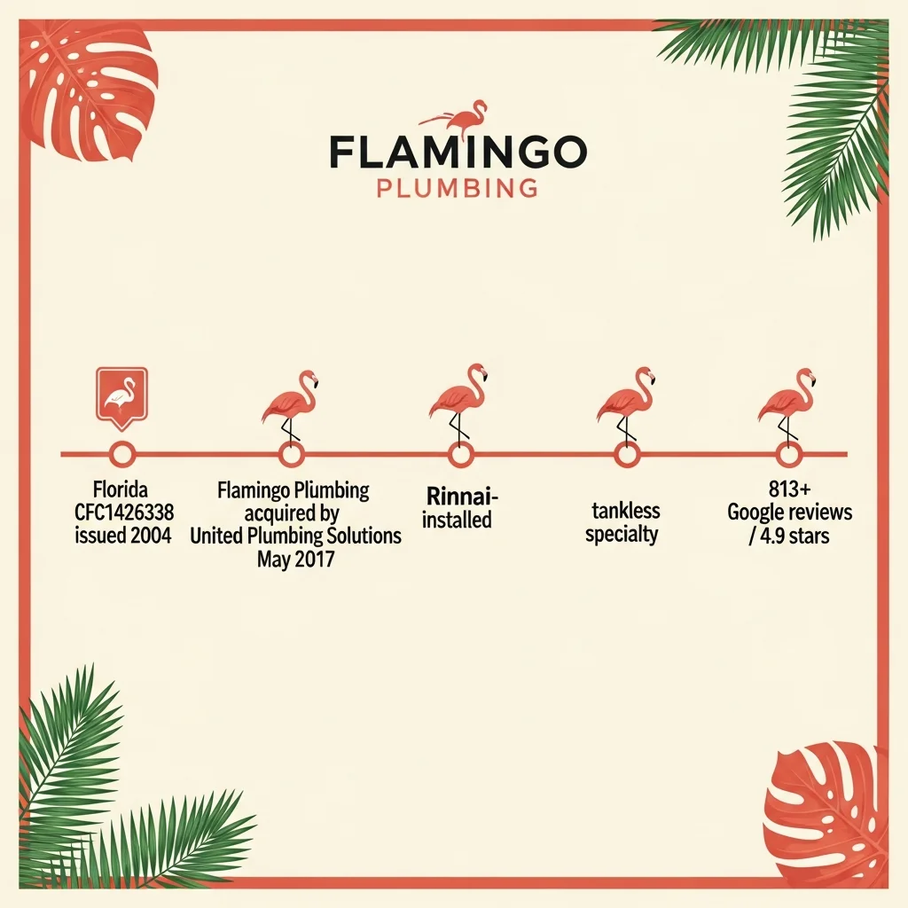Flamingo Plumbing trust-signal timeline — Florida CFC1426338 issued 2004, United Plumbing Solutions acquisition May 2017, Rinnai-installed tankless specialty, 813+ Google reviews at 4.9 stars — coral-pink, cream, tropical-green palette