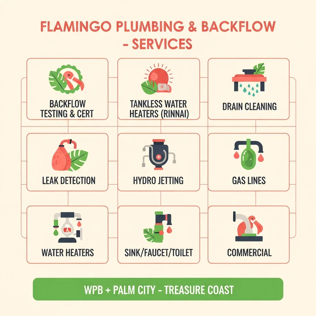 Flamingo Plumbing services grid — backflow testing & cert, Rinnai tankless water heaters, drain cleaning, leak detection, hydro jetting, gas lines, water heaters, fixture repair, commercial — WPB + Palm City Treasure Coast