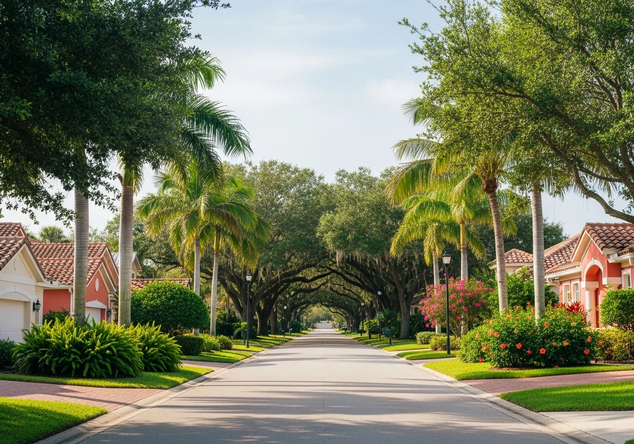 Quiet Palm City Florida (Martin County) residential street — cream and coral-pink stucco single-family homes with terracotta roofs, royal palms, tropical-green landscaping, oak-canopy at the end of the street