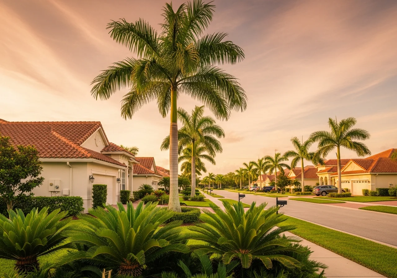 Port St. Lucie Florida (St. Lucie County) Treasure Coast residential streetscape — cream-stucco single-family homes with terracotta-barrel roofs, royal palms, tropical-green sago palms, coral-and-cream sky