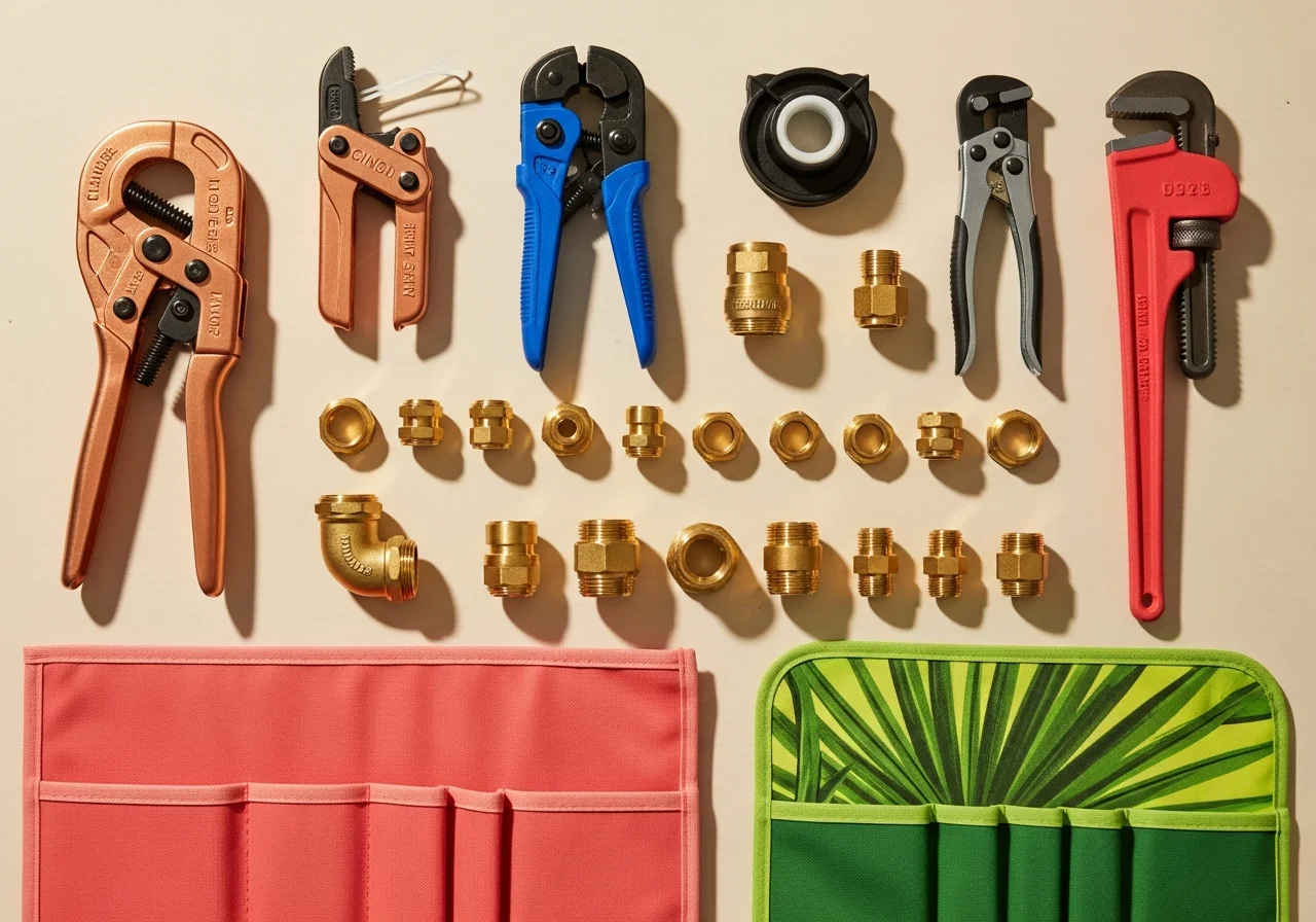 Top-down flat-lay of plumbing repipe tools on a clean cream-painted workbench — copper press-fitting tool, PEX cinch tool, brass and copper fittings, coral-pink fabric tool wrap and tropical-green tool roll