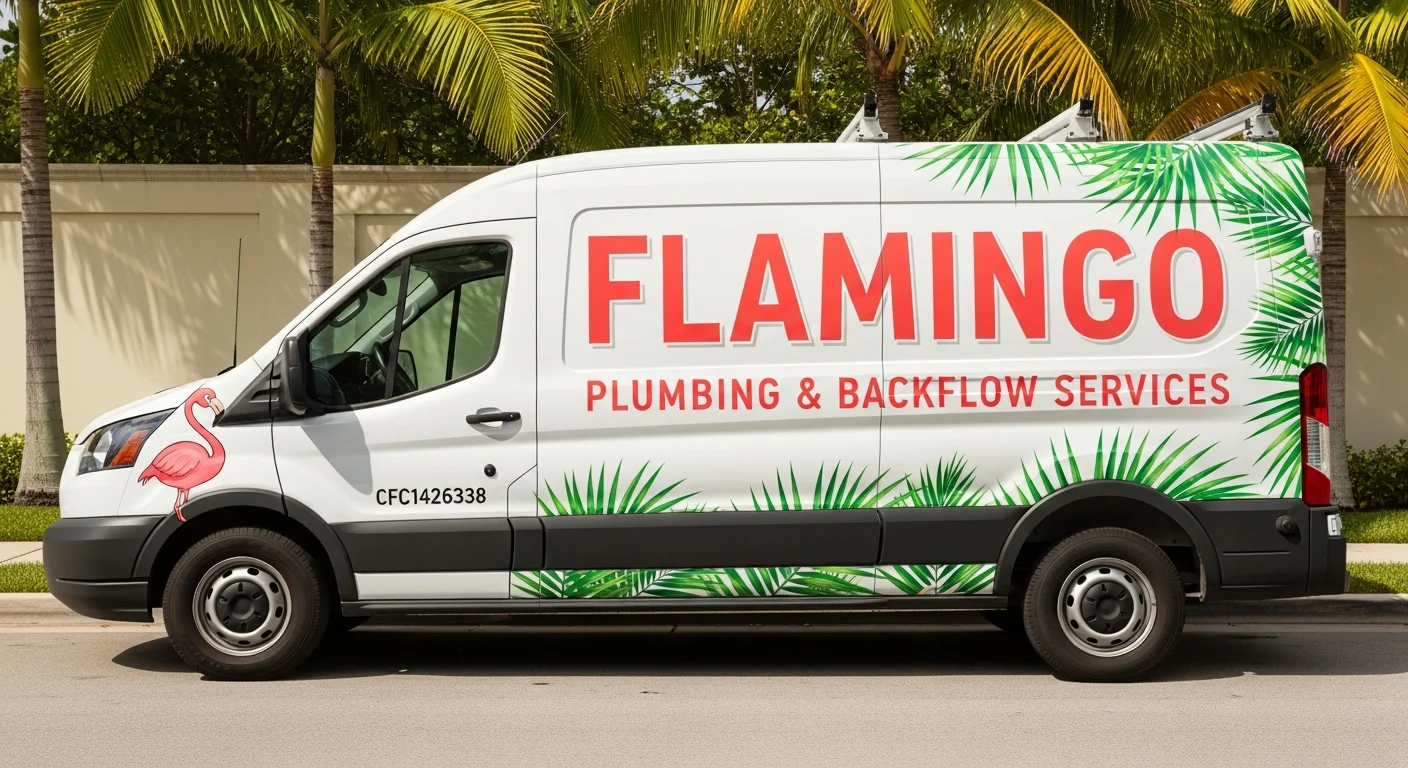 Side-profile of a clean white Flamingo Plumbing service van — coral-pink wordmark, tropical-green palm-leaf accents, stylized flamingo-bird logo, parked on a Palm Beach residential street with mature royal palms