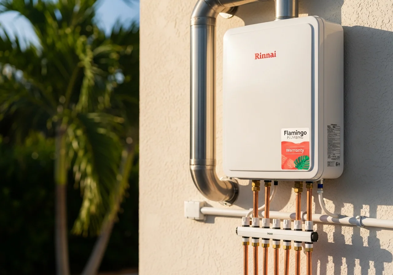 Freshly installed Rinnai-style tankless water heater on the cream stucco exterior wall of a coastal West Palm Beach Florida home — coral-pink and tropical-green Flamingo Plumbing branding accents