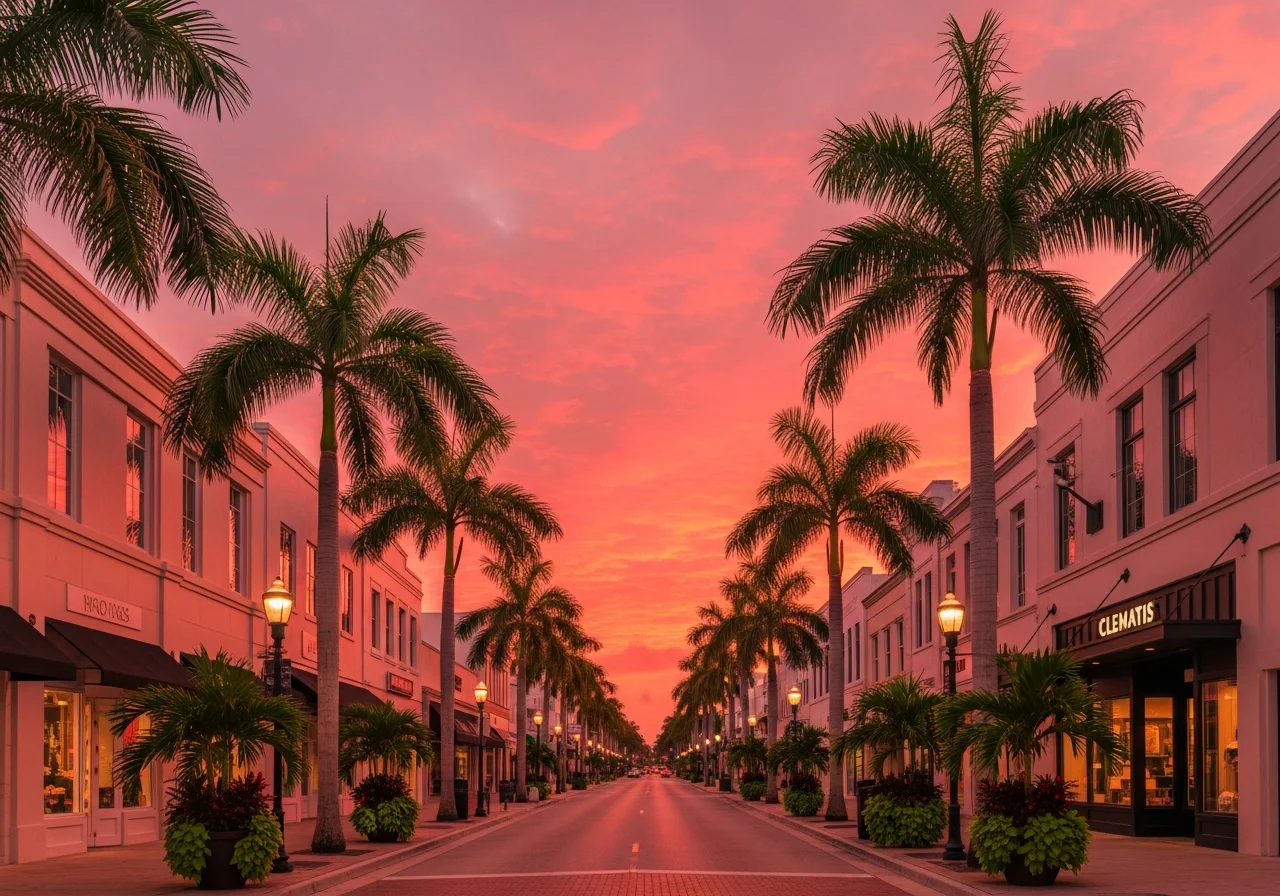 West Palm Beach downtown Clematis Street at coral-cream sunset — coral-pink and rosy clouds reflecting on cream-and-coral storefront facades, royal palms silhouetted, tropical-green street planters