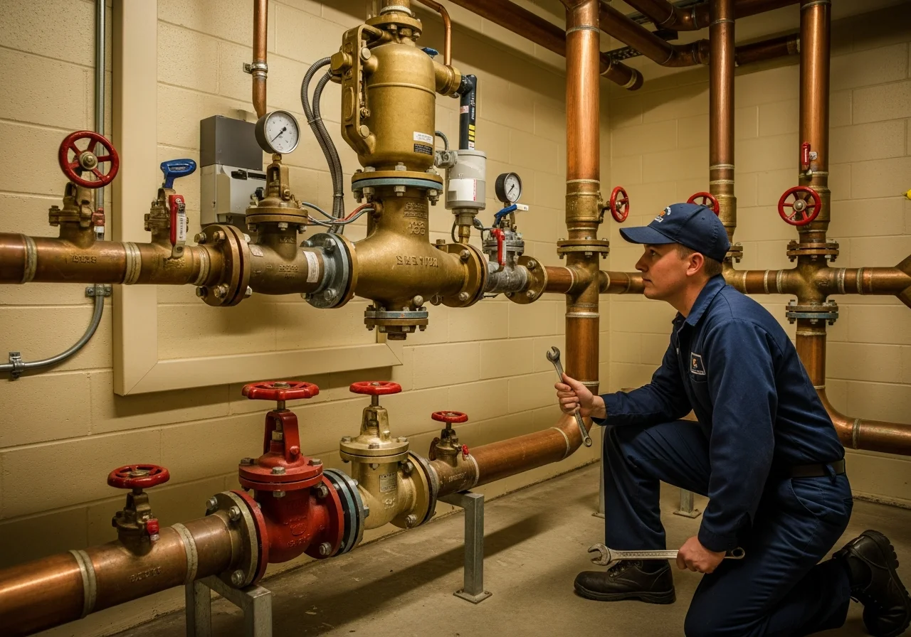 Commercial plumbing service scope at a Broward County office building mechanical room — a navy-uniformed plumber inspecting commercial-scale main supply piping and a backflow assembly, cream concrete walls, warm-red painted shutoff valves, exposed copper supply lines