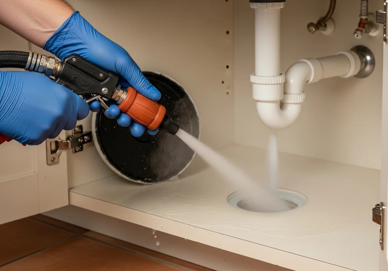 Hydro-jetting drain clearing inside a Pompano Beach Florida home's kitchen sink cabinet — black hydro-jet hose feeding into the open drain cleanout, water spray and steam, navy-gloved plumber's hands working the trigger nozzle, cream cabinetry, terracotta tile floor, warm-red rubberized hose handle