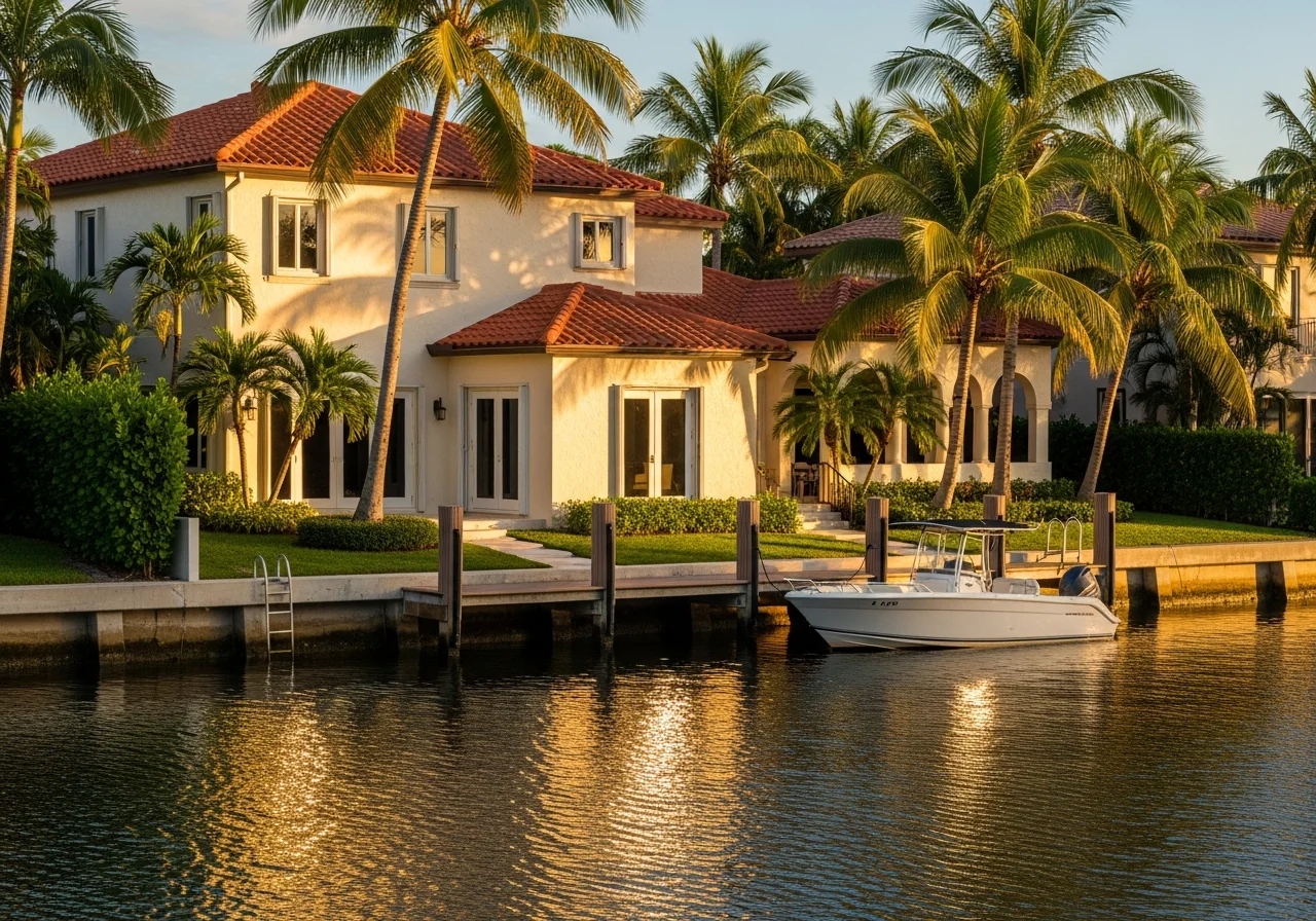 Fort Lauderdale Florida Las Olas waterway residential context — a Las Olas Isles canal-front home with cream stucco walls, warm-red barrel-tile roof, mature royal palms, a quiet boat dock with a small white runabout, golden-hour Florida light reflecting off the canal