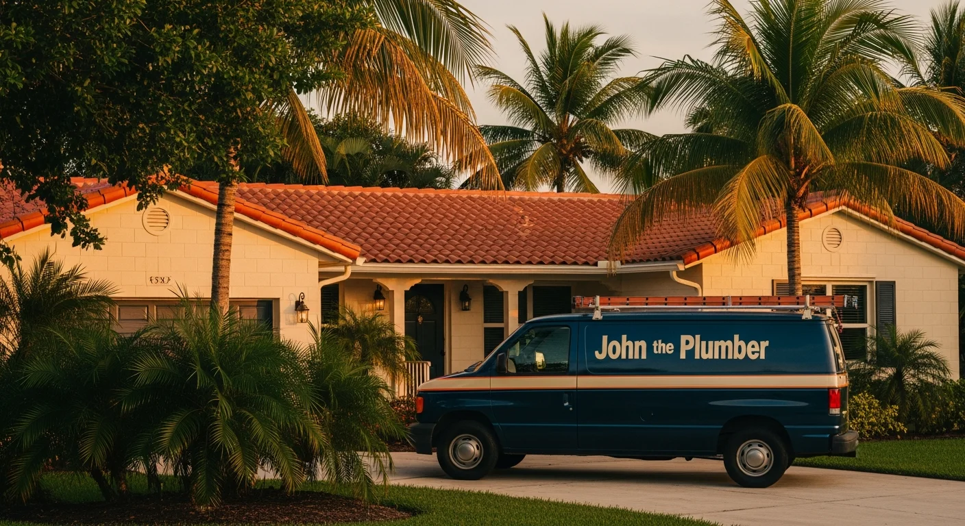 Heritage navy-and-cream Pompano Beach Florida residential frontage with warm-red barrel-tile roof, mature royal palms and a 1979-era family-plumbing service van — Americana family-business palette: deep navy + warm red + cream
