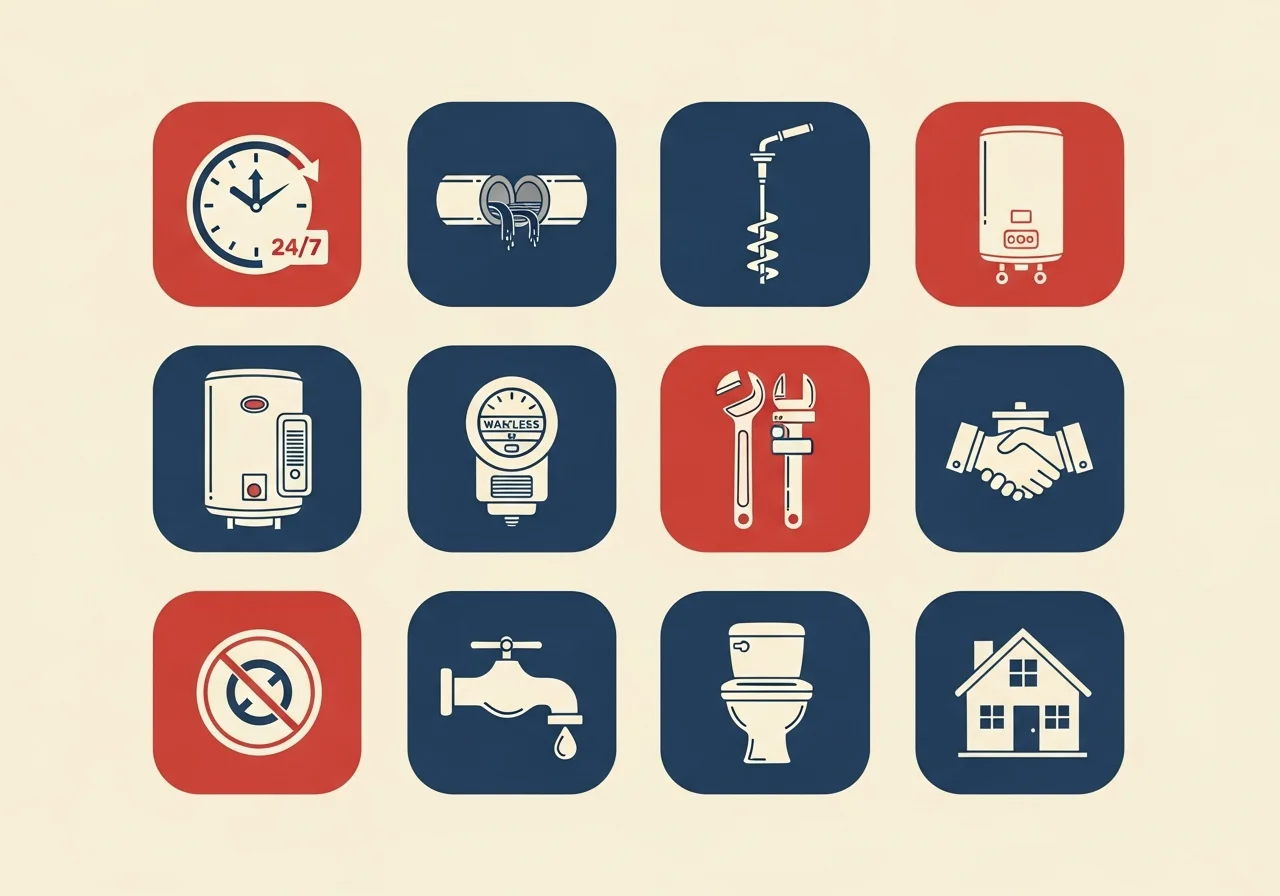 John the Plumber services grid — 24/7 emergency, sewer line repair (trenchless), drain clearing & hydro jetting, water heater (tank + tankless), slab leak detection, leak detection, gas lines, repipe, water filtration, sump pumps, faucet/disposal/toilet, commercial plumbing — across Broward County and south Palm Beach County