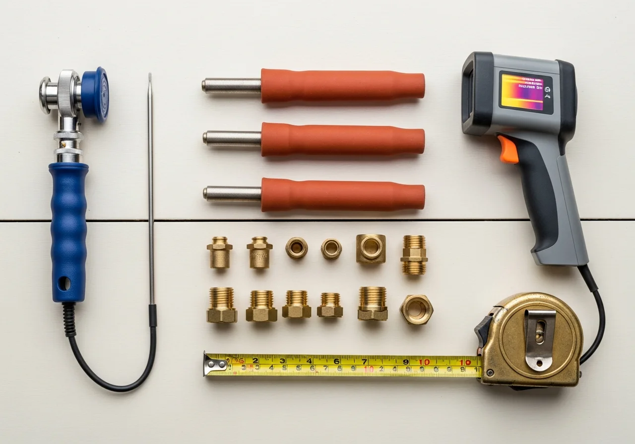 Top-down flat-lay of acoustic and infrared leak-detection plumbing tools on a clean cream-painted workbench — navy-handled acoustic listening device, warm-red rubberized tool wraps, brass copper fittings, infrared thermal imager, an old worn brass tape measure
