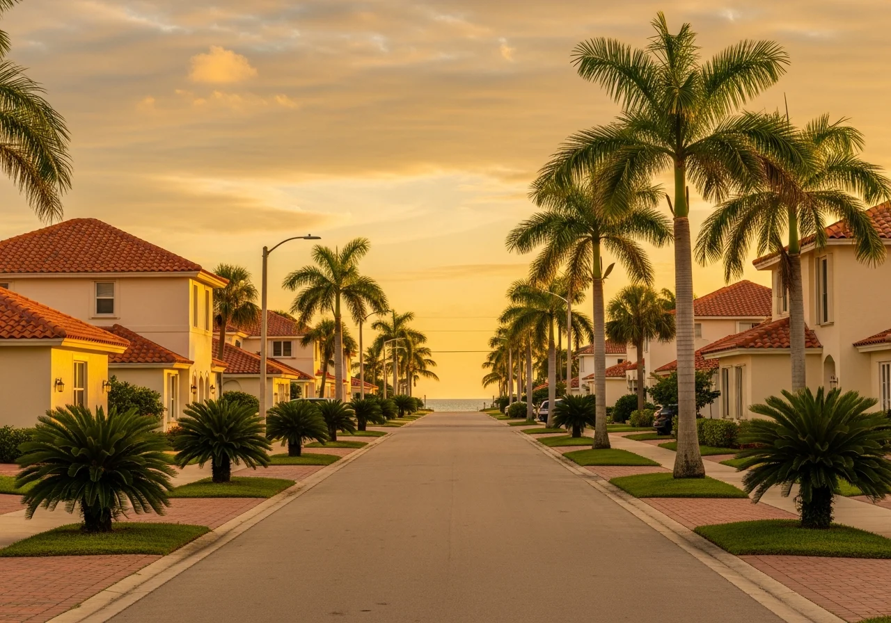 Pompano Beach Florida coastal residential context — late-afternoon Florida-amber-and-cream sky over a quiet residential street with cream-stucco single-family homes, warm-red barrel-tile roofs, royal palms, sago palms, and a glimpse of the Atlantic Ocean horizon