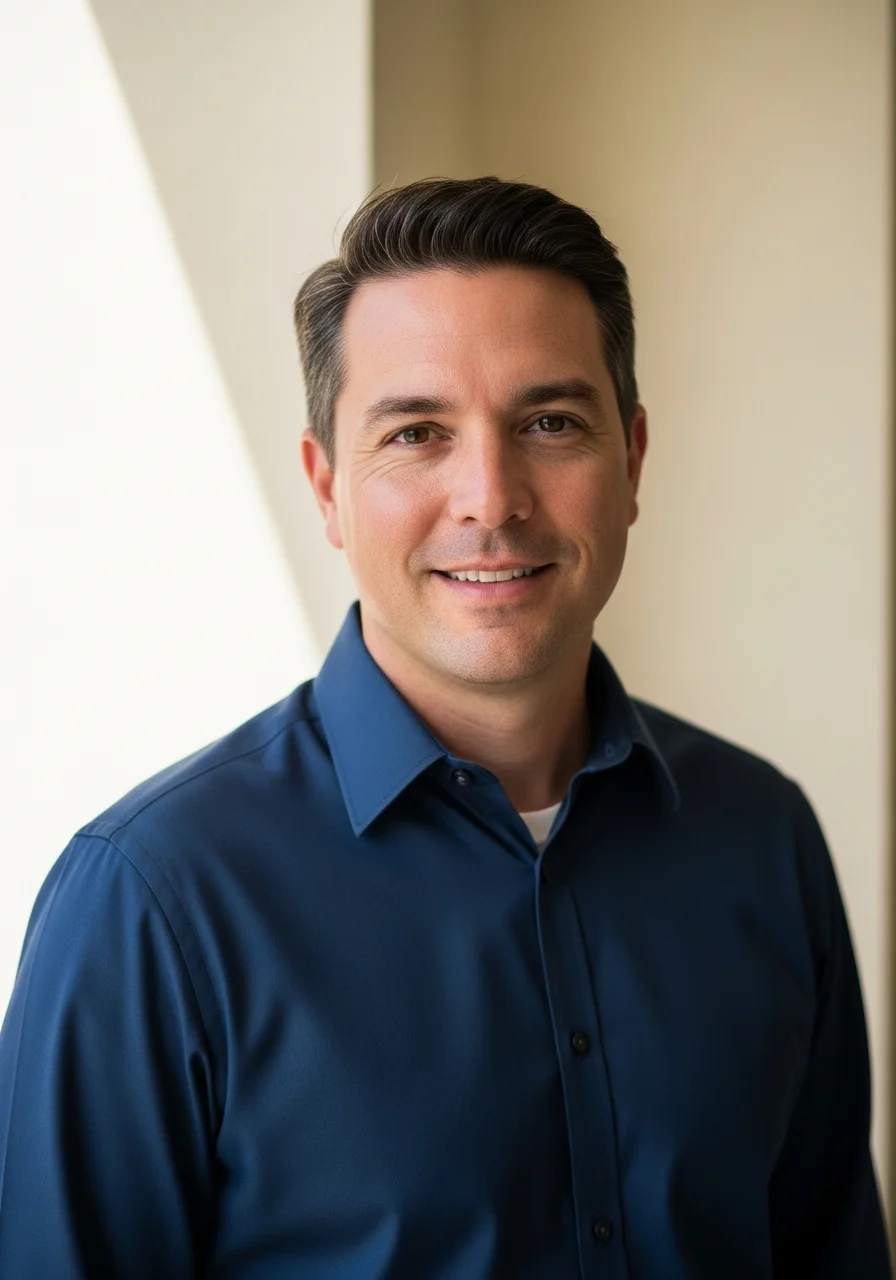 Editorial portrait of Michael Krobatsch, CFO of John the Plumber, Inc. — second-generation family business leader, navy button-down shirt, friendly approachable expression, cream wall background, soft daylight, Pompano Beach Florida heritage