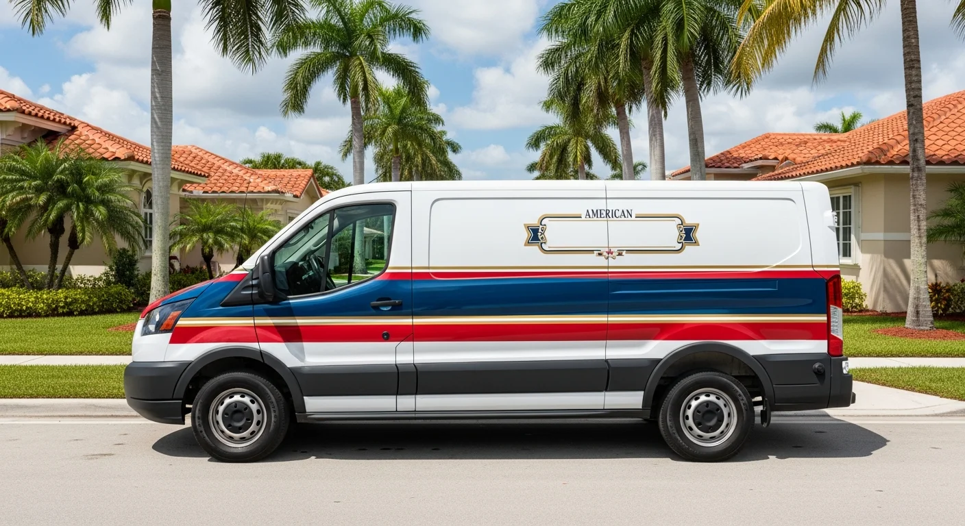 Side-profile of a clean white plumbing service van with deep-navy and warm-red brand wrap, parked on a Pompano Beach Florida residential street with mature royal palms and warm-red barrel-tile-roof homes — heritage 1979 family-plumber feel