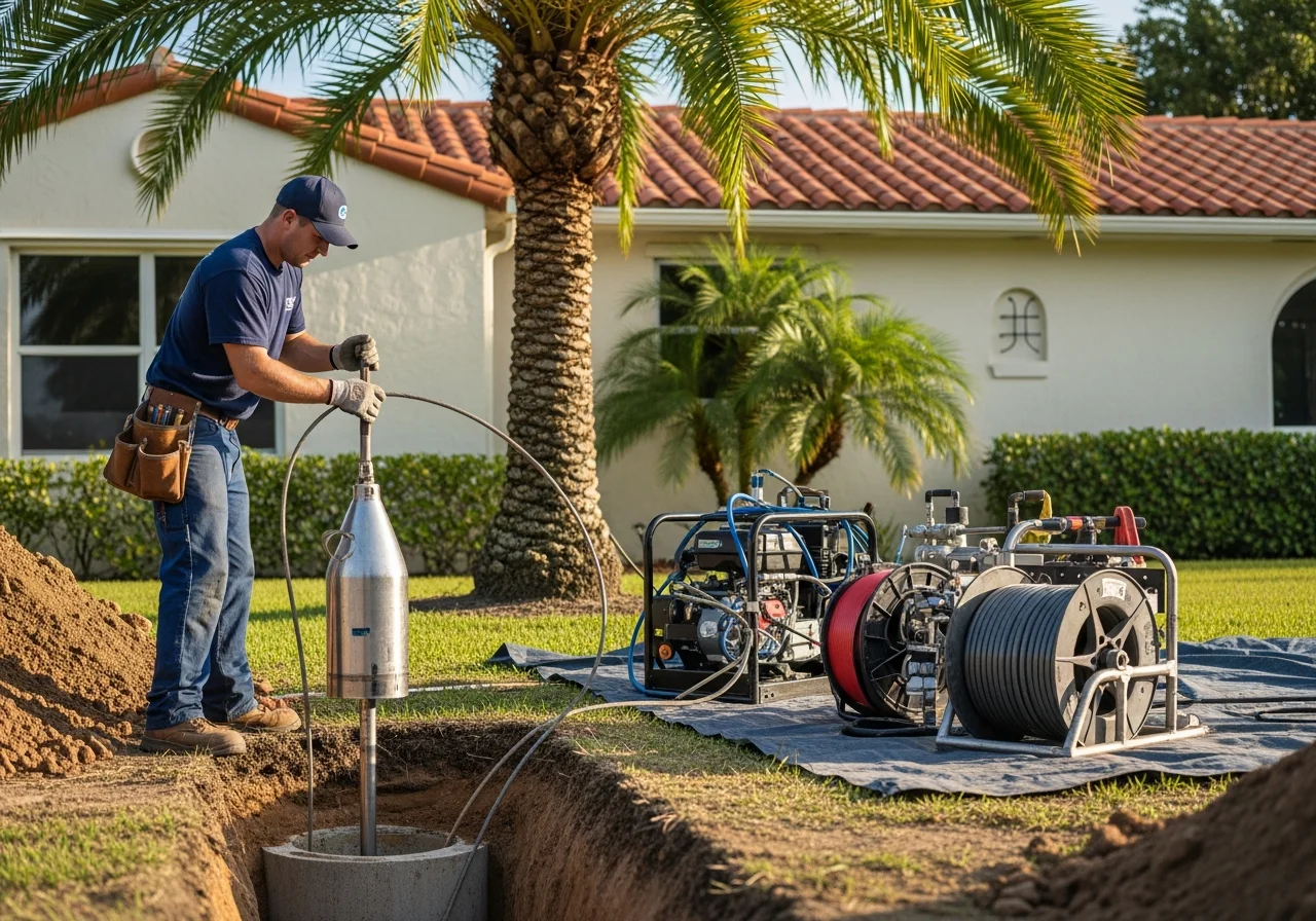 Trenchless sewer line repair work in a Pompano Beach Florida residential front yard — small precision excavation pit, navy-uniformed plumber lowering a sewer pipe-bursting head and trenchless equipment, cream-stucco home with warm-red barrel-tile roof in the background, mature royal palms