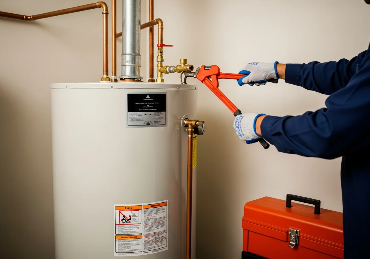A residential 50-gallon tank water heater install in a Broward County Florida garage — cream-painted utility area, copper supply lines, brass connectors, navy-uniformed plumber's gloved hands working a pipe wrench, warm-red toolbox at lower edge