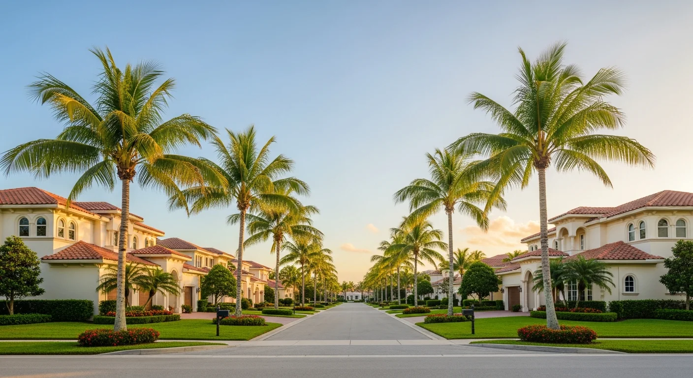 Boca Raton Florida coastal residential context — a manicured Boca Raton residential street with elegant cream-stucco luxury homes, mature royal palms, manicured lawns, terracotta tile roofs, golden-hour warm-gold afternoon Florida sunlight, soft sky-blue evening sky