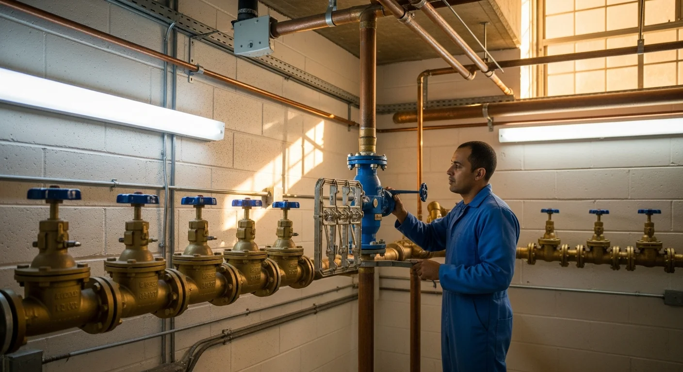 Commercial plumbing service scope at a Broward County office building mechanical room — sky-blue-uniformed plumber inspecting commercial-scale main supply piping and a backflow assembly, cream concrete walls, warm-gold painted shutoff valves, exposed copper supply lines