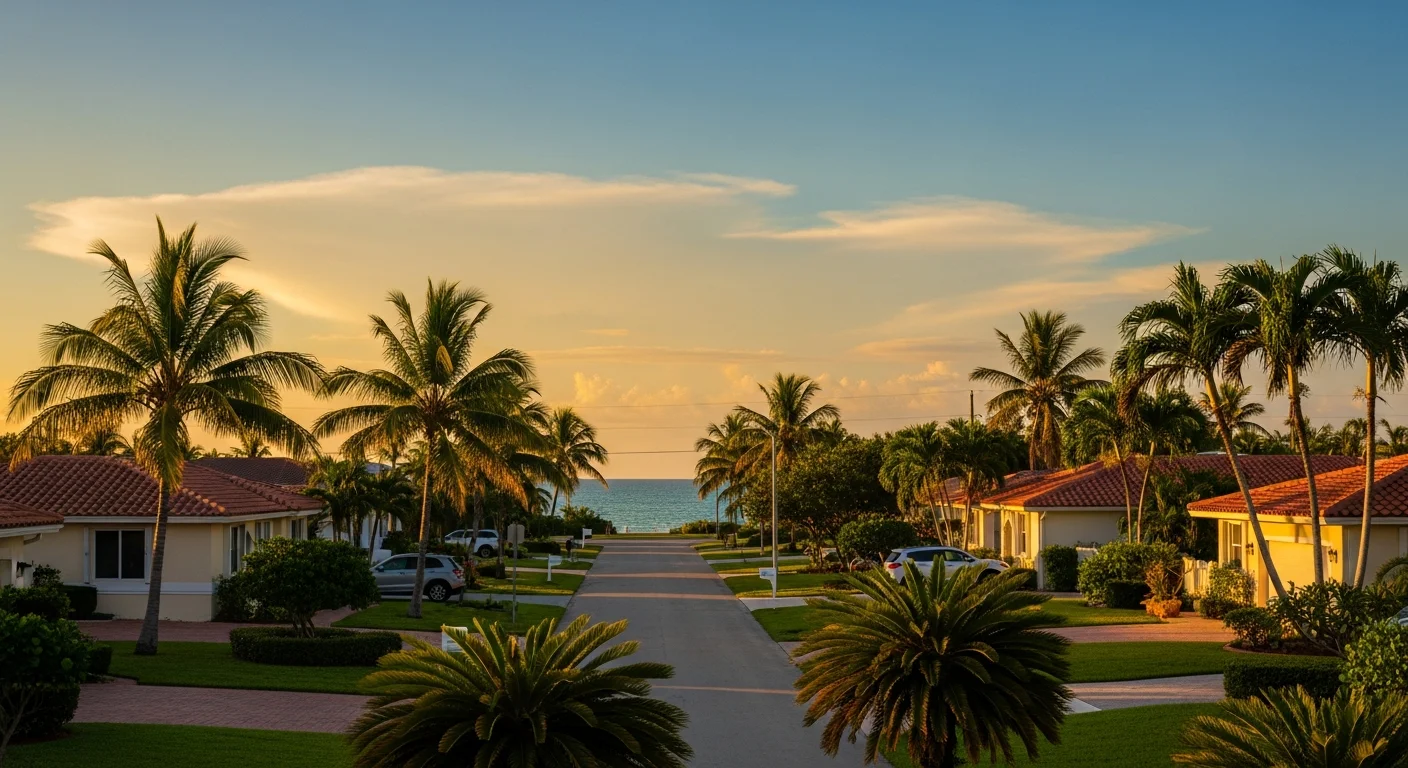 Deerfield Beach Florida coastal residential context — late-afternoon Florida-amber-and-cream sky over a quiet residential street with cream-stucco single-family homes, terracotta-tile roofs, royal palms and sago palms, a glimpse of the Atlantic Ocean horizon