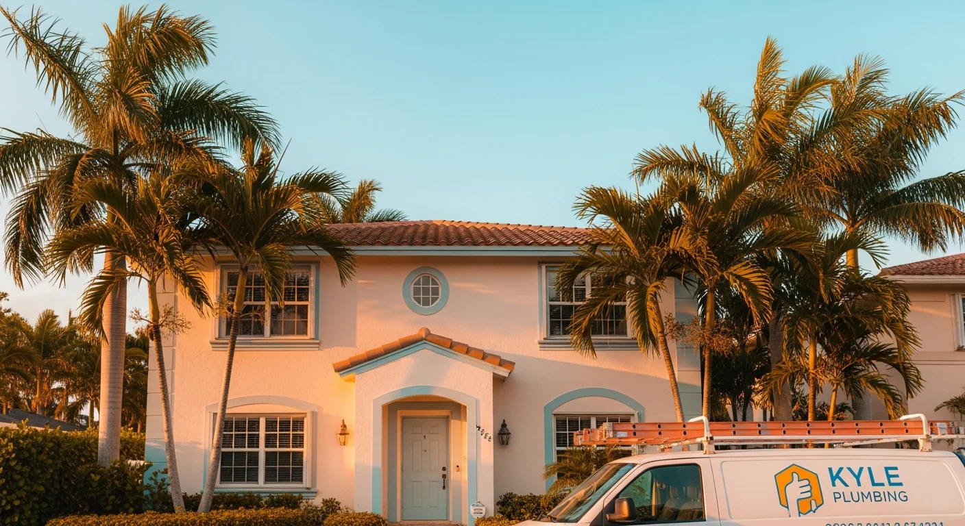 Sun-warmed Deerfield Beach Florida coastal residential frontage with cream-stucco walls, mature royal palms, and a Kyle-Plumbing-style branded service van at the curb — partnership-trust palette: warm-gold + sky-blue + cream