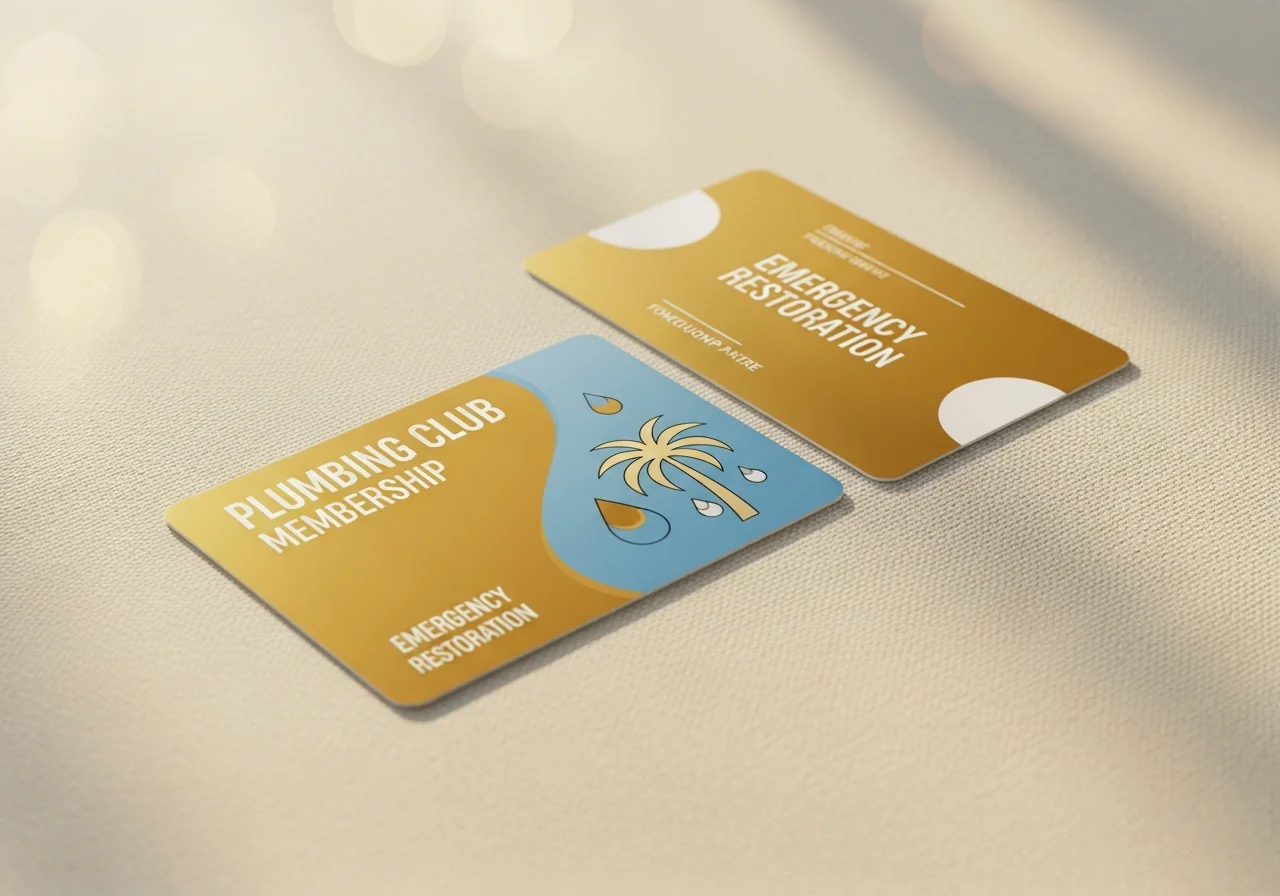 Kyle Club / Palm Build partnership visual — a warm-gold and sky-blue plumbing-club membership card alongside a co-branded warm-gold emergency-restoration partner card on a cream linen surface, soft Florida afternoon light, partnership-trust palette