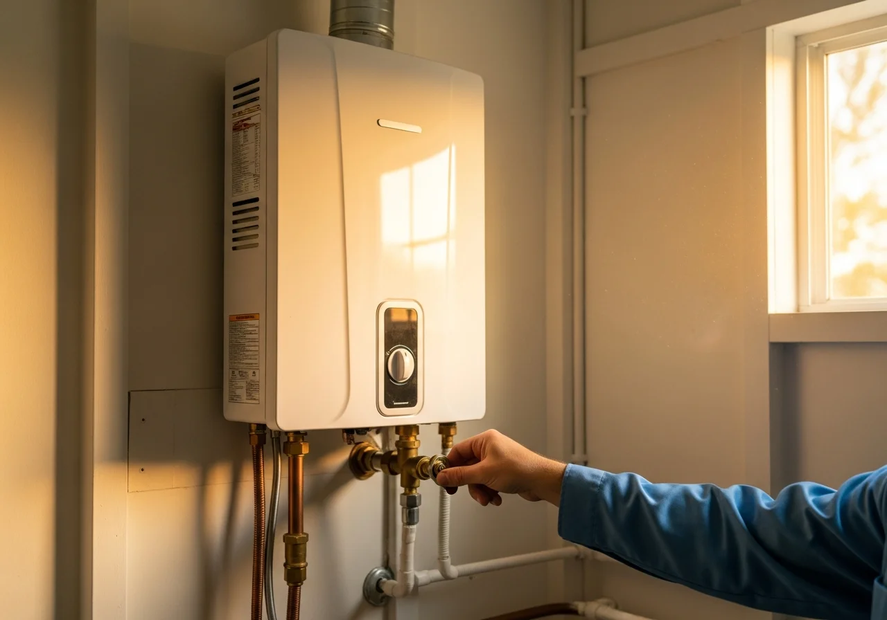 Tankless water heater install detail — wall-mounted modern white tankless unit in a cream-painted Florida garage, gas line and venting visible, sky-blue-uniformed plumber's hand adjusting a brass valve, warm-gold afternoon Florida light through a small window